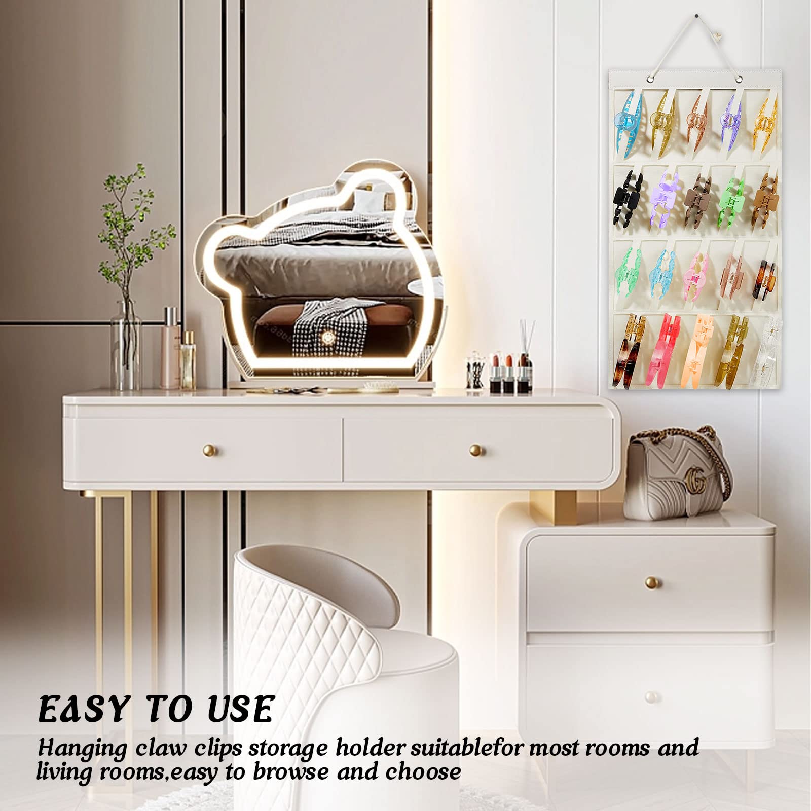 Qivine Hair Claw Clip Organiser - Hanging Hair Accessories Holder with Wall Mounting Bow Holder, White - Image 3