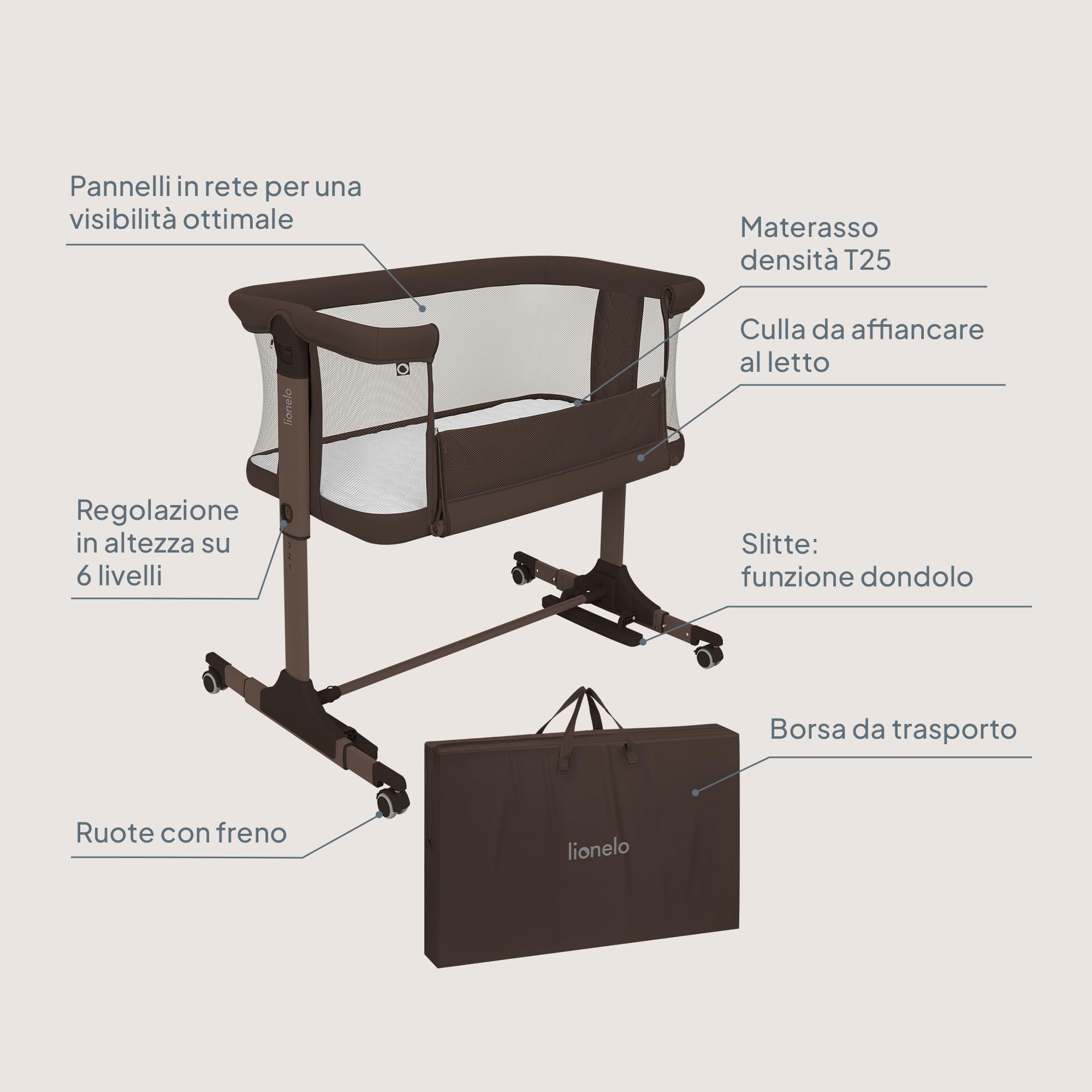 lionelo PARI Culla Co Sleeping Fianco Letto 3 in 1, Regolabile in Altezza 6 Livelli, Materasso T25 2 cm, Ruote con Blocco e Dondolo, Gambe Regolabili per Letto Continentale, Rivestimento Lavabile
