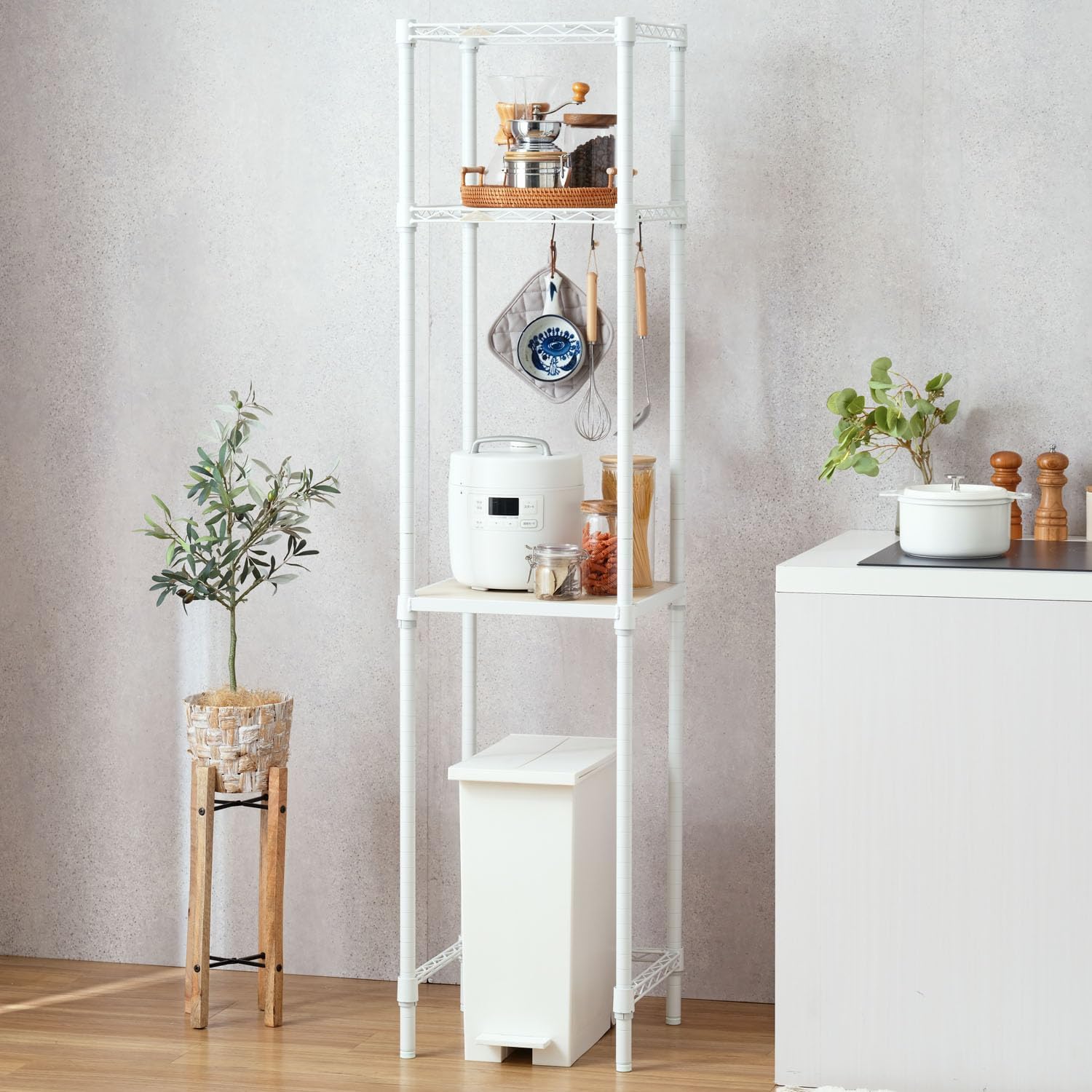 Doshisha Luminous Kitchen Gap Storage Rack, Width 16.1 inches (41 cm) x Depth 16.3 inches (41.5 cm) x Height 68.4 inches (174 cm), Load Capacity: 176.4 lbs (80 kg), Luminous Latte, Pole Diameter 1.0