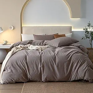 JIYUAN 100% Washed Cotton Duvet Cover Set 3 Pieces Super King, 1 Duvet Cover 108x98 Inches(Comforter Not Included) and 2 Pillowcases,Linen Feel Bedding Set Comfy and Breathable, Heathered Mauve Brown
