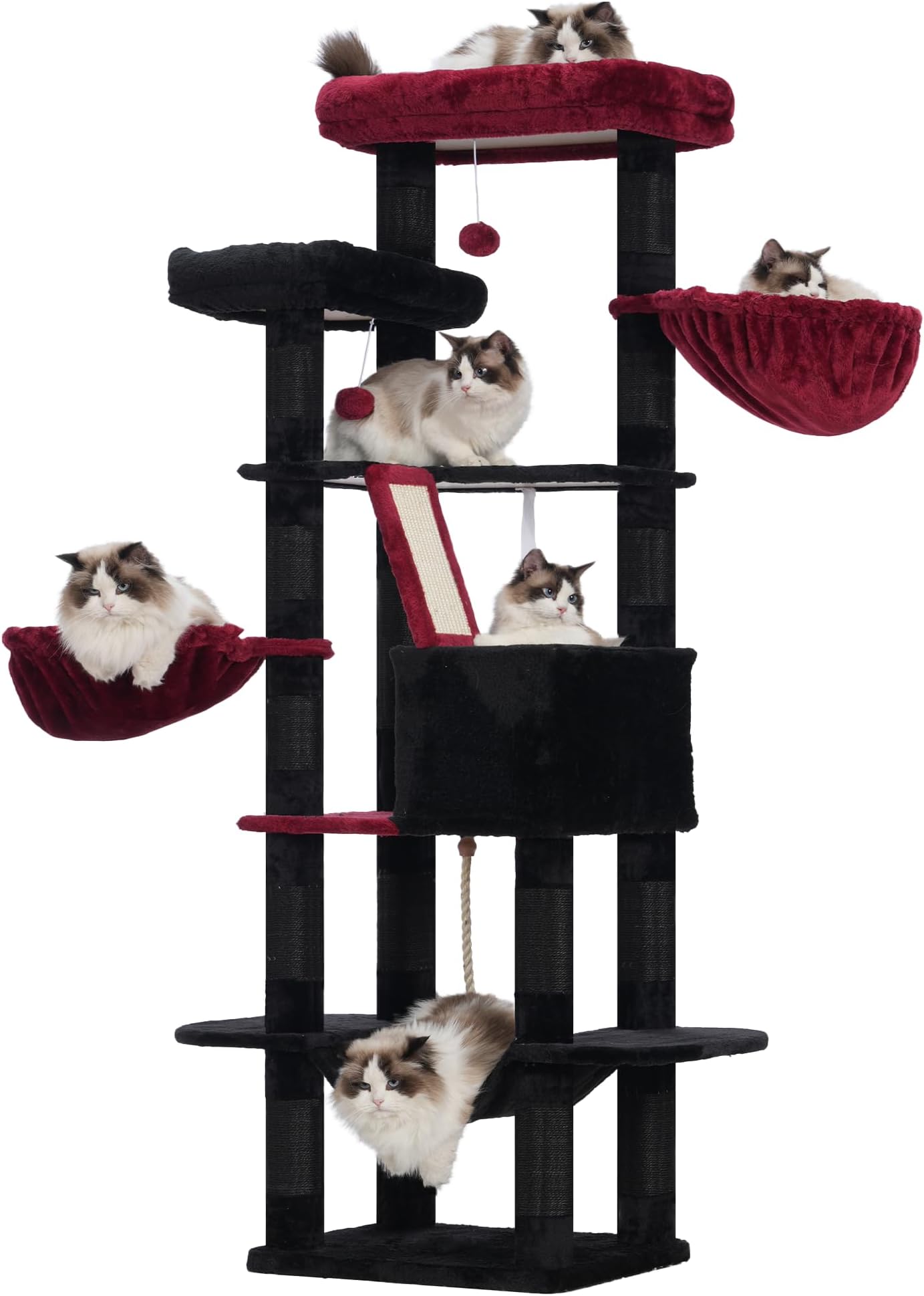 Heybly Cat Tree,68 inch Multi-Level Cat Tower for Indoor Cats,2 Widened Plush Perches Cat Condo with Scracthing Board and Big Caves,Black and Red HCT025BR