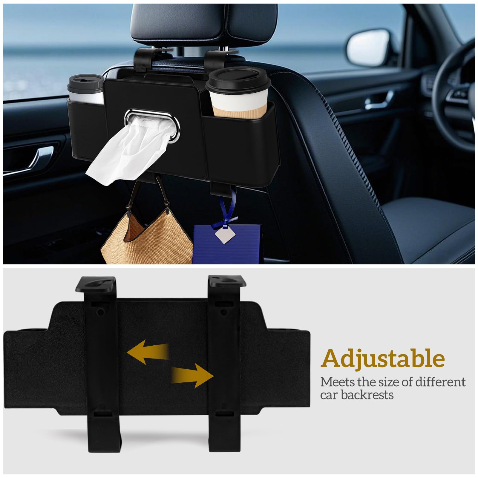 Organizador de asiento trasero de automóvil con pañuelos, caja de pañuelos para asiento trasero de automóvil y gancho de almacenamiento, organizador multifuncional para sostener teléfono,