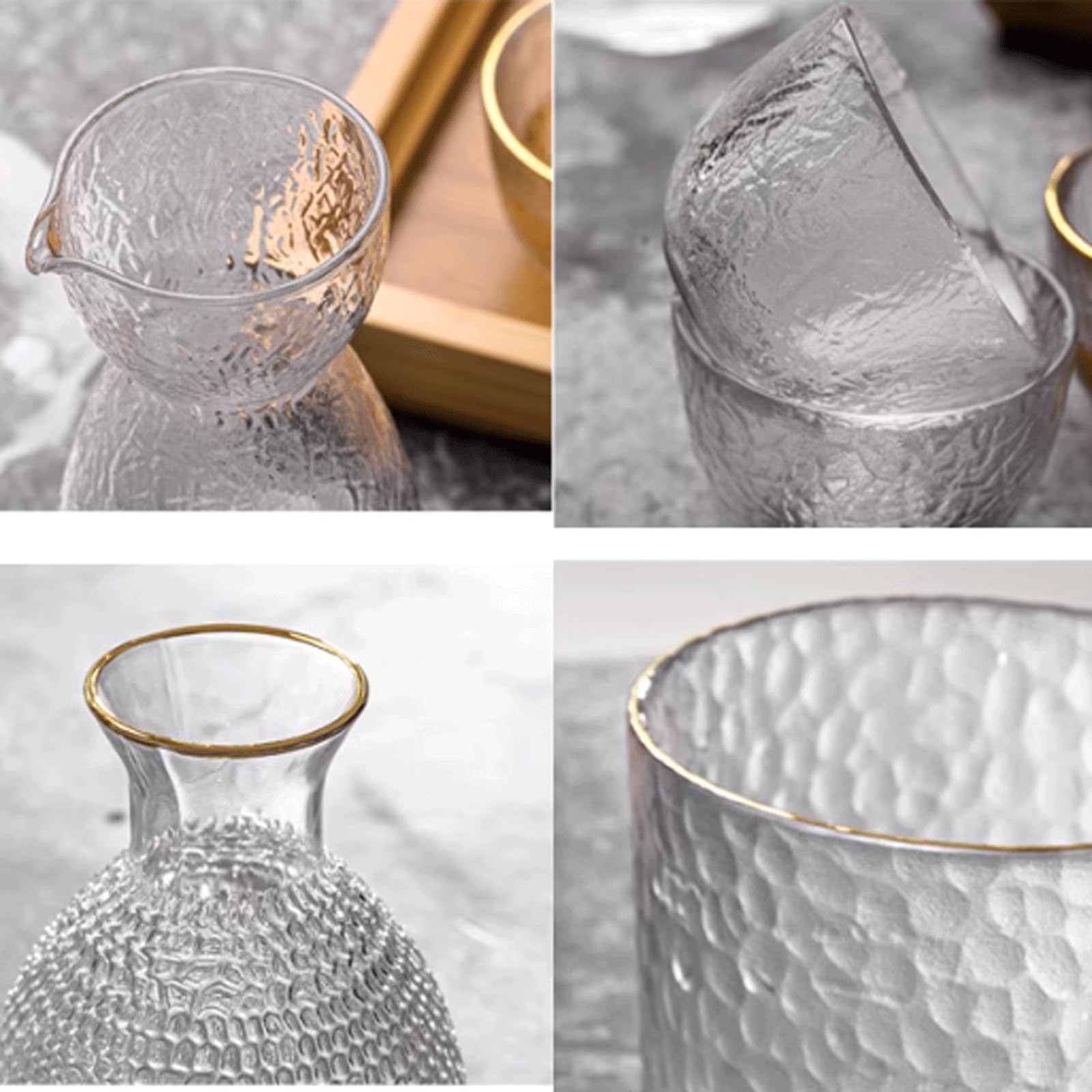 Ensemble de Tasses à saké en Verre, Tasses Transparentes Faites à la Main, Ensemble de saké en Verre Mat martelé, Un Pot, Quatre Verres à vin Tasse à saké