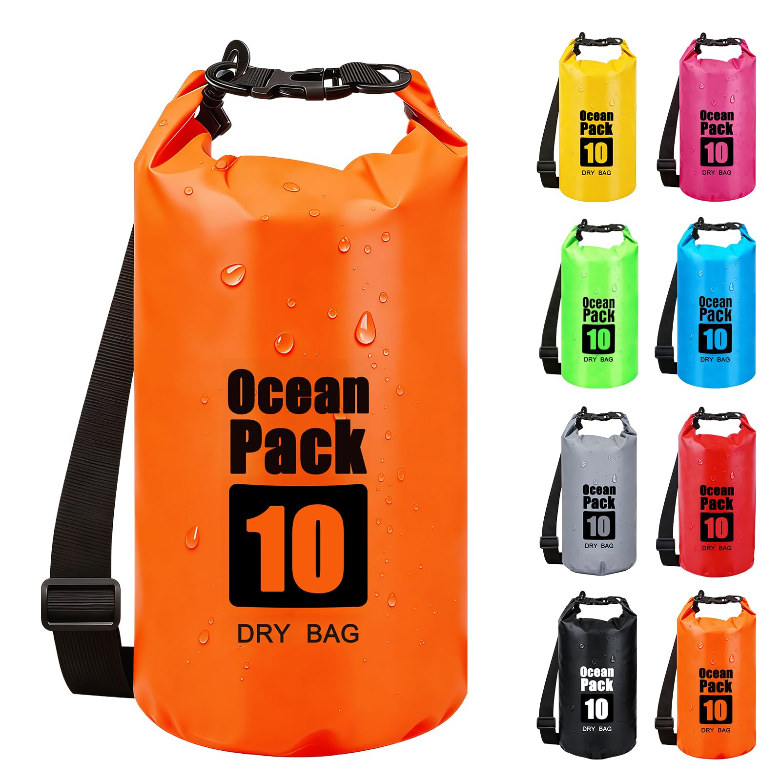 RONGZUBAT 10L Waterproof Dry Bag with Shoulder Strap, Roll Top Dry Sack for Towels and Clothes, Waterproof Bag for Kayaking, Paddle Boarding, Boating, Beach, Camping and Travel - Orange