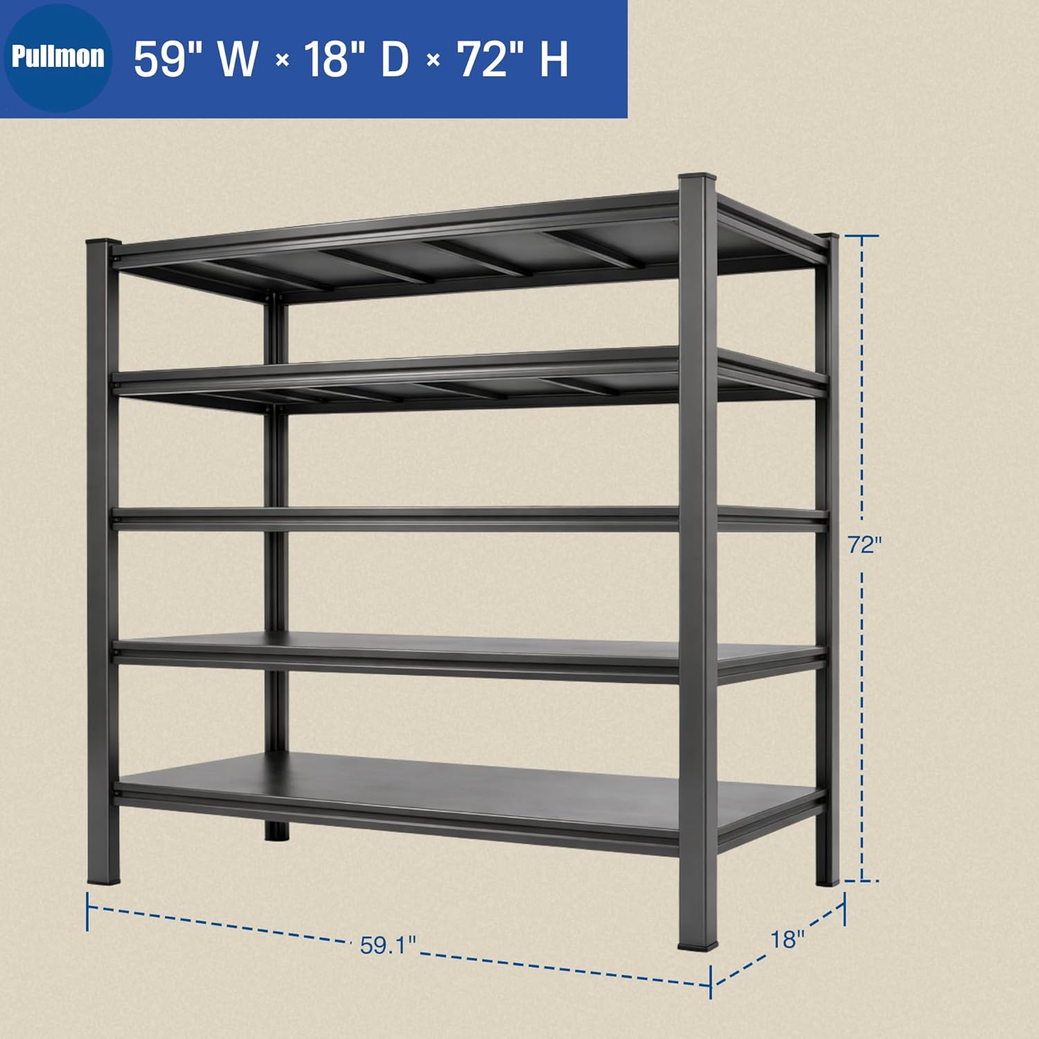 Garage Storage Shelves 5 Tier, Heavy Duty Metal Shelving Unit Adjustable Organizer, 59" W x 18" D x 72" H, Black