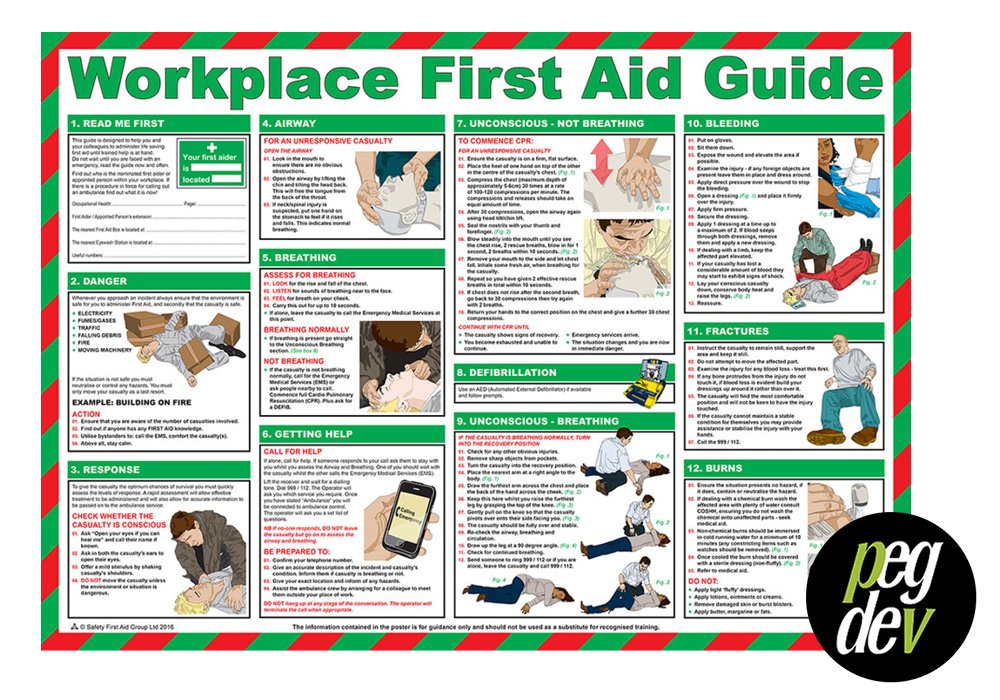 PDL – Pegdev - First Aid Laminated Health & Safety Poster - Workplace First Aid Guide - A2 Landscape Health & Safety Poster.