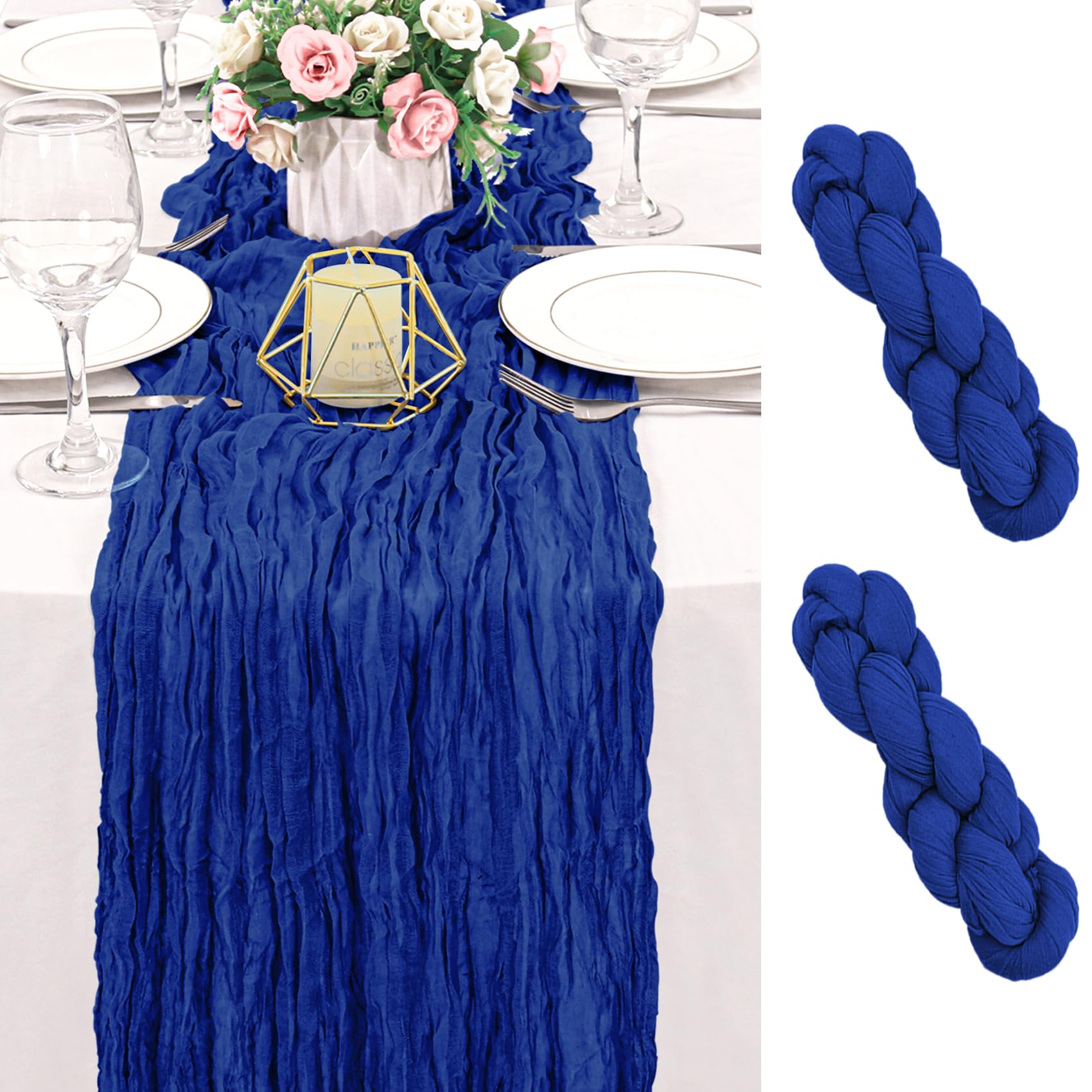 Photo 1 of 2 Pack 120 Inch Royal Blue Cheesecloth Table Runner Boho Rustic Gauze Sheer Romantic 10 FT Long Cheese Cloth Table Runner for Bridal Baby Shower Wedding Party Birthday Holiday Home Easter Decor