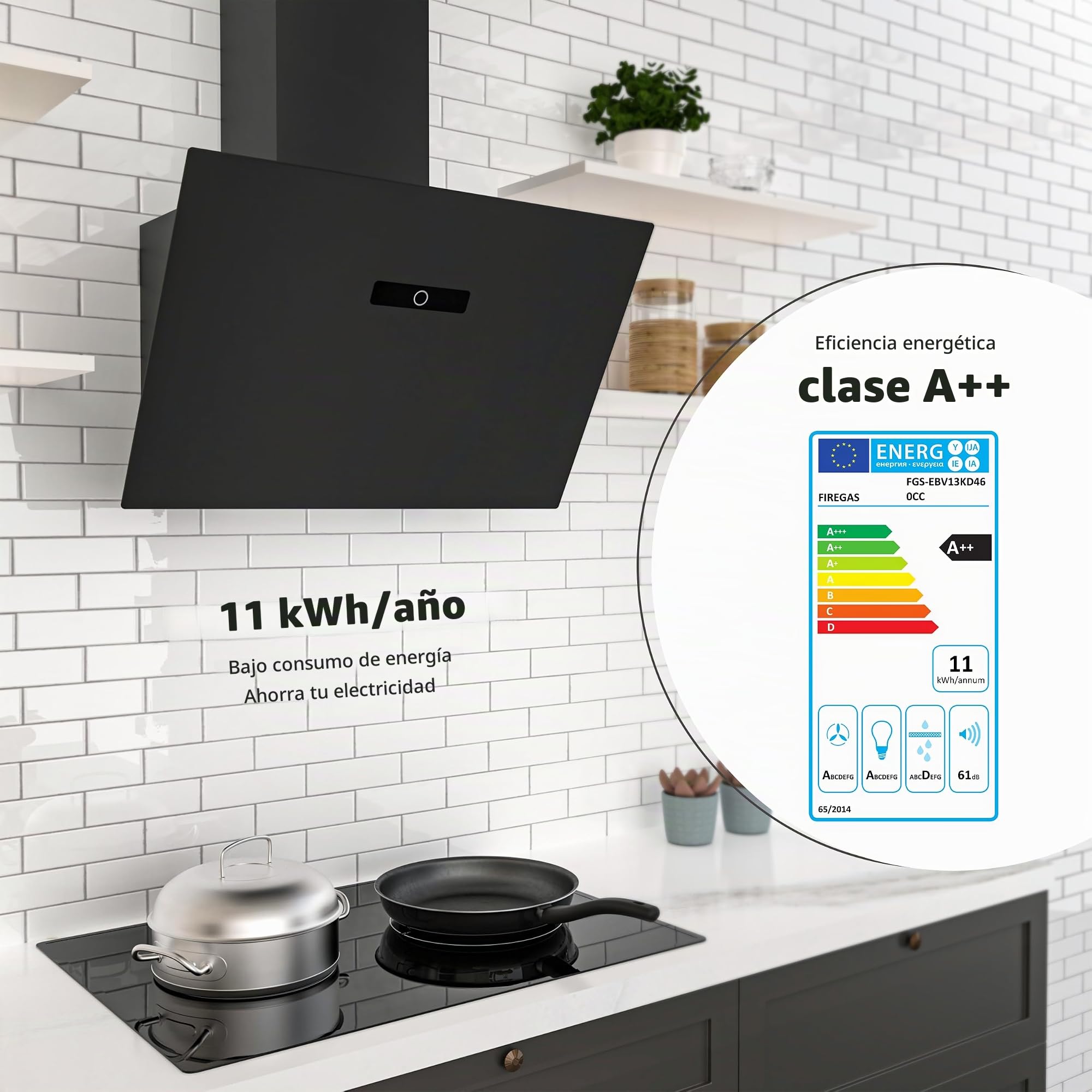FIREGAS Campana extractora 60 cm, Con motor sin escobillas, Recirculante y Extracción, 571m³/h, 9 Potencias, Táctil, Iluminación LED, Con resorte de gas, Extractor inclinado, Cristal negro
