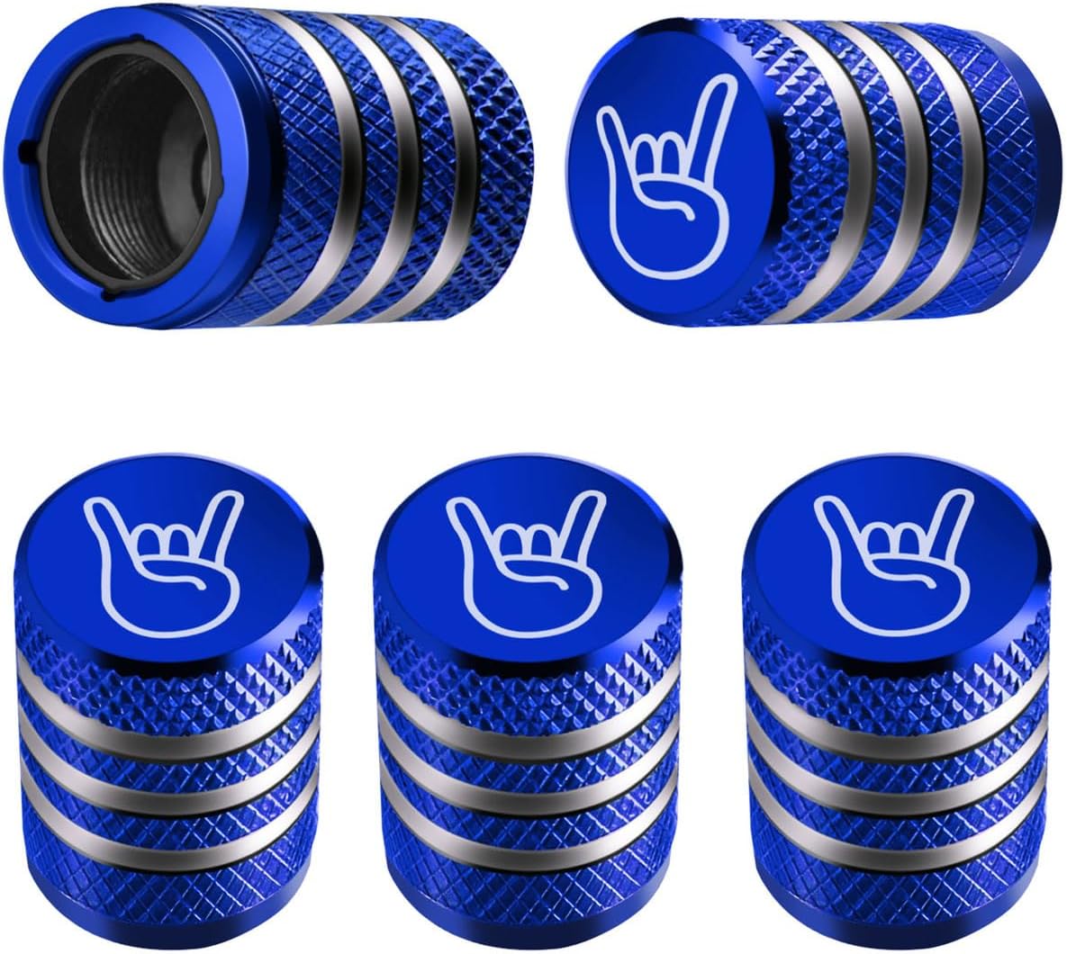 Tire Valve Stem Cap Cover - (5 Pack) Tire Air Cap Metal with Plastic Liner Corrosion Resistant Leak-Proof Rock and Roll for Car Truck Motorcycle Bike Blue