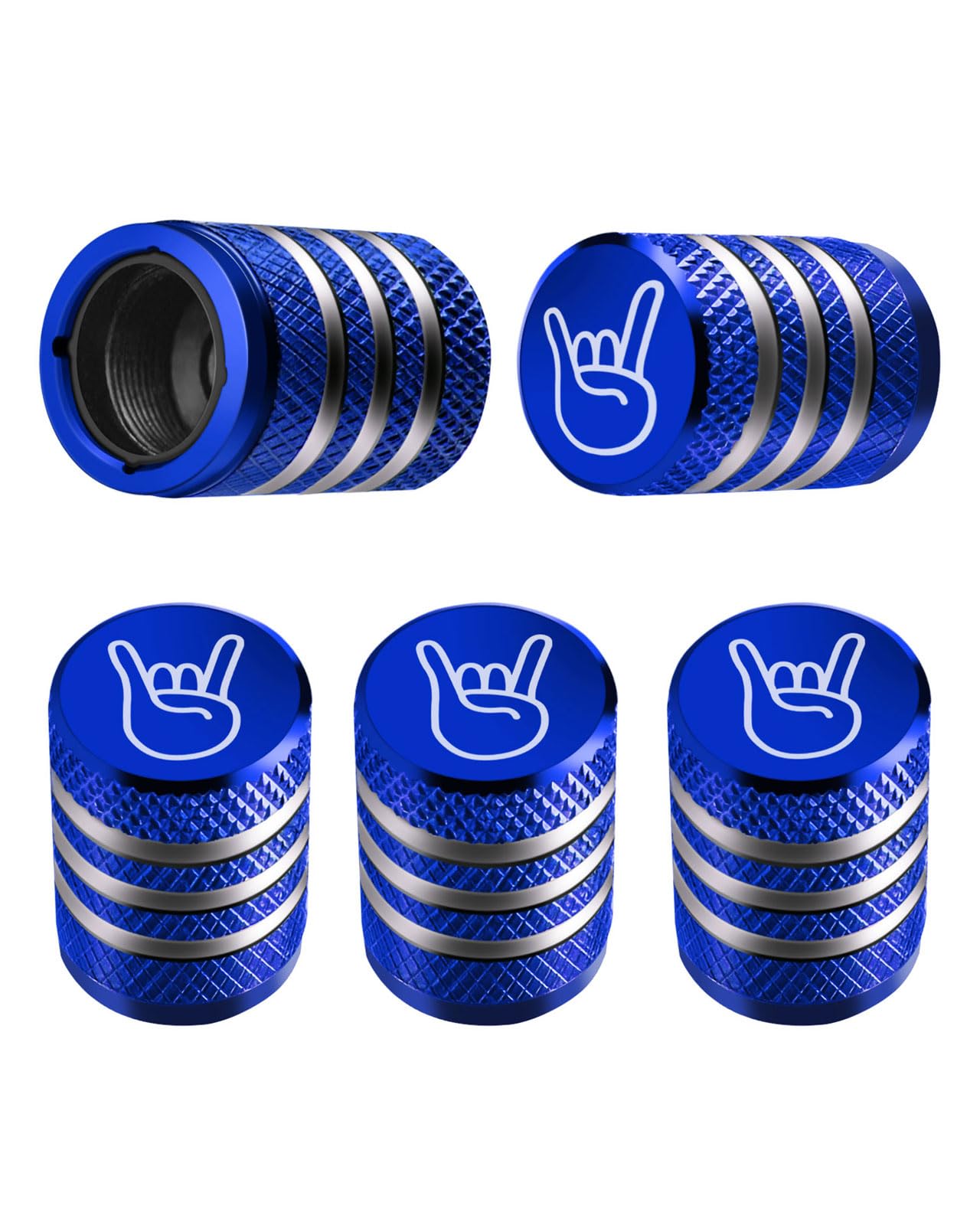 Tire Valve Stem Cap Cover - (5 Pack) Tire Air Cap Metal with Plastic Liner Corrosion Resistant Leak-Proof Rock and Roll for Car Truck Motorcycle Bike Blue