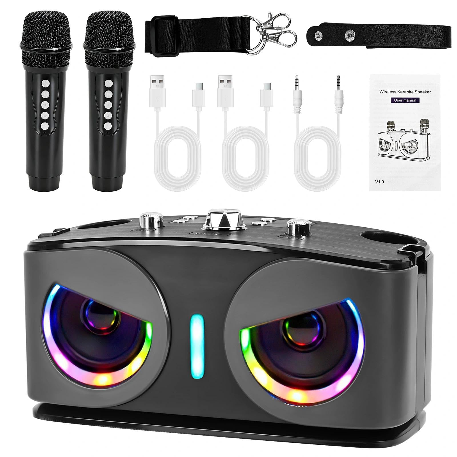 Machine de Karaoké avec 2 Microphones sans Fil, Hiboux Bluetooth Portable Karaoké Adulte, Micro sans Fil Karaoke avec Lumières Disco, Supporte TV/USB/AUX/TF/FM