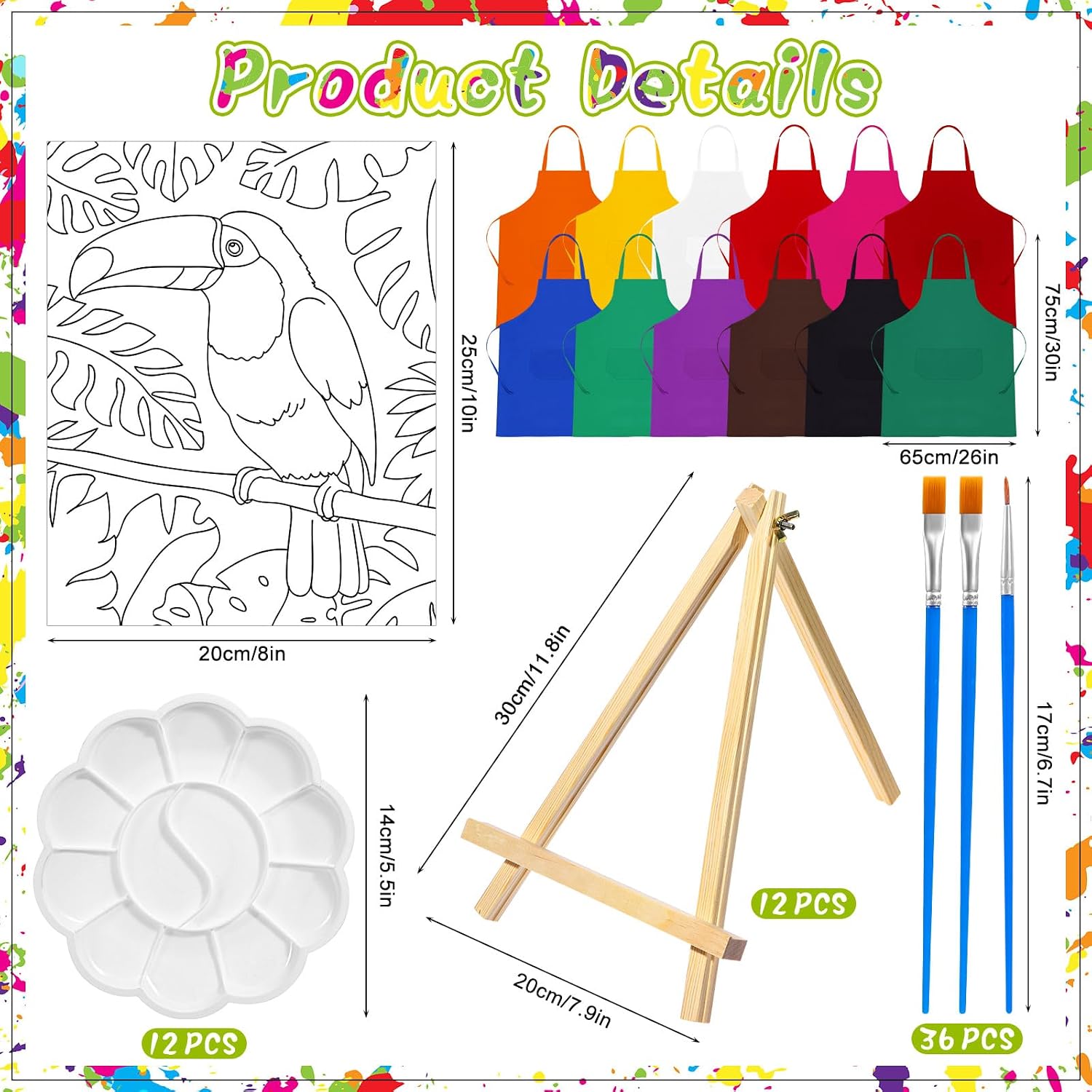 Motipuns 72 Pcs Paint and Sip Kit for Adults 12 Set 8''x10'' Pre Drawn Canvas for Painting with Easels Apron Brushes Palette Printed Canvas Bulk for DIY Birthday Gifts Date Night Party(Animal)
