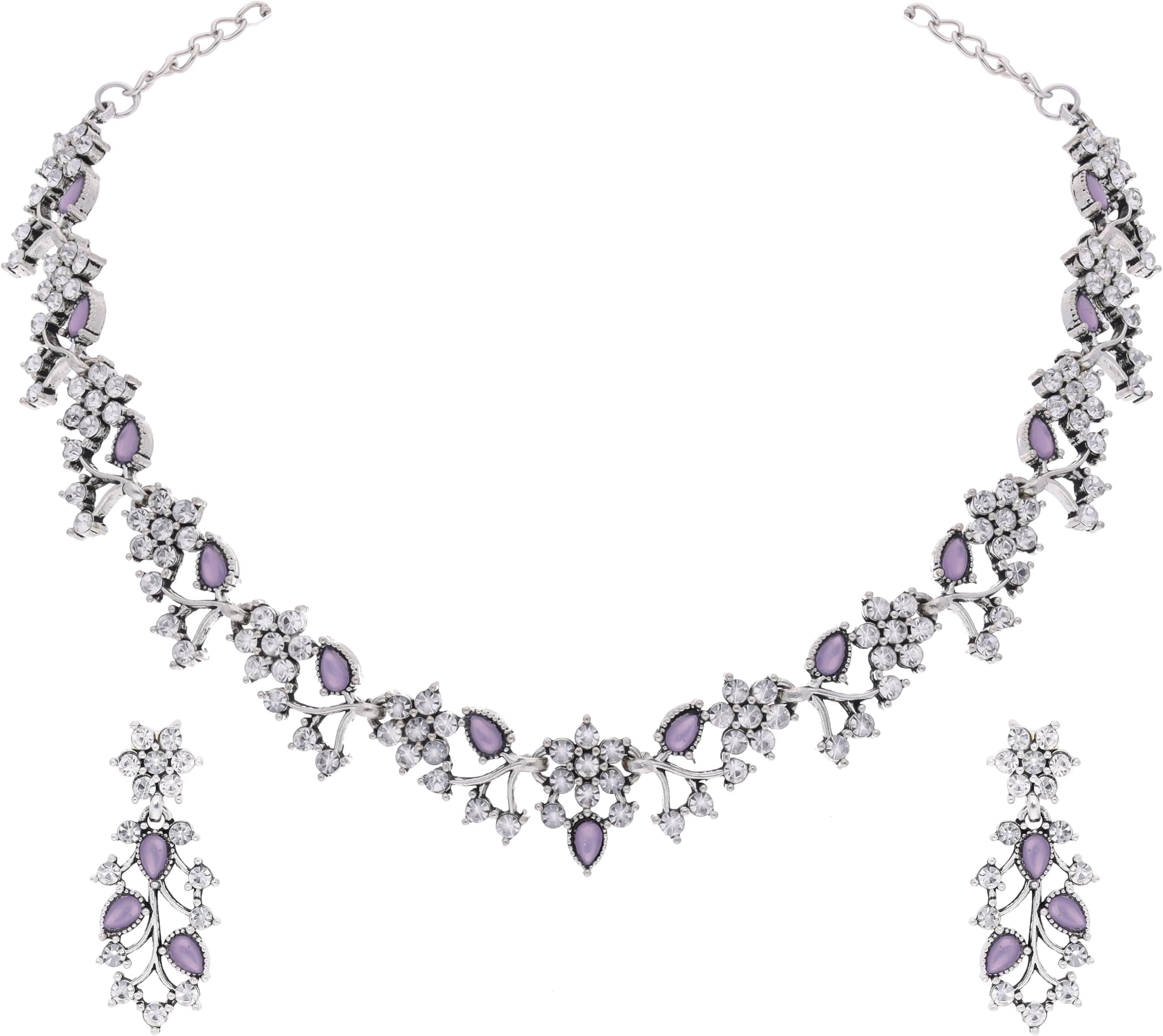 Brado JewelleryOxidised Silver-Plated Artificial Stone Studded Necklace Jewellery set with 1 Pair of Earring