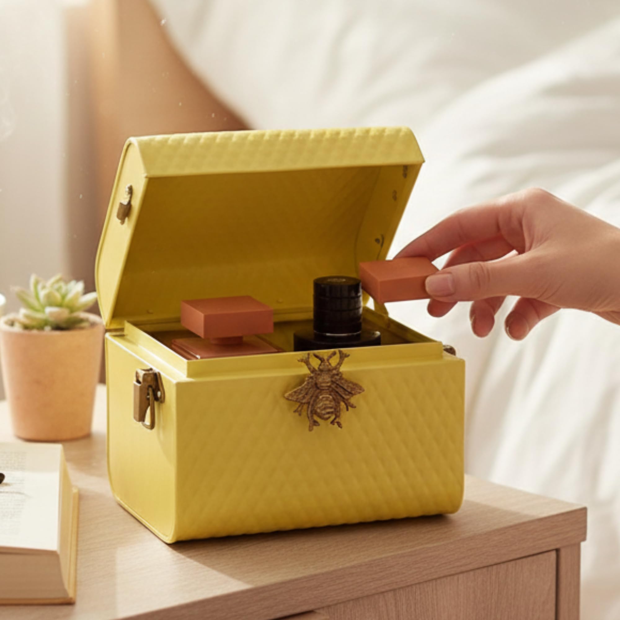 Elan The Royal Hive Tufted Bling Box, Metal Trunk Box, Decorative Storage Box, Gift Box (8X6X6.25 IN, Butter Yellow)