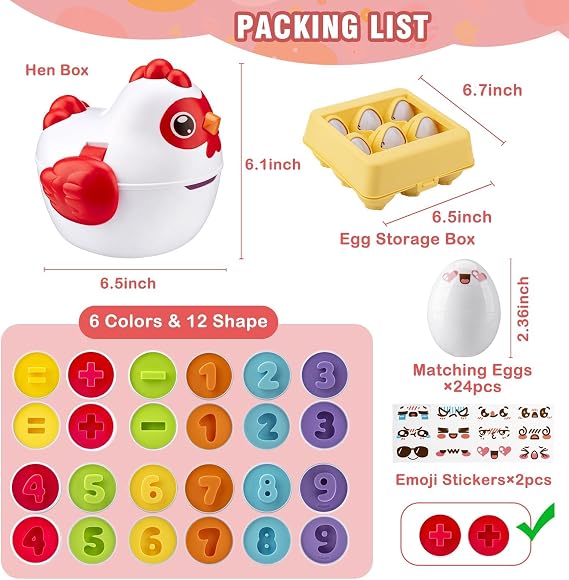 VROGTIK Easter Egg Matching Game, 24-Piece Easter Basket Stuffers for Kids, Color Shape Number Recognition Educational Toddler Toys, Chicken Storage Box Preschool Learning Toy for Boys Girls