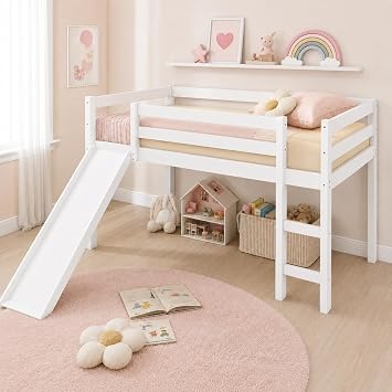 NAFORT Twin Size Loft Bed with Slide & Stairs Low Loft Bed for Kids, Solid Wood Frame with Guard Rails, Slat Support & Climbing Ladder, Space Saving White Finish