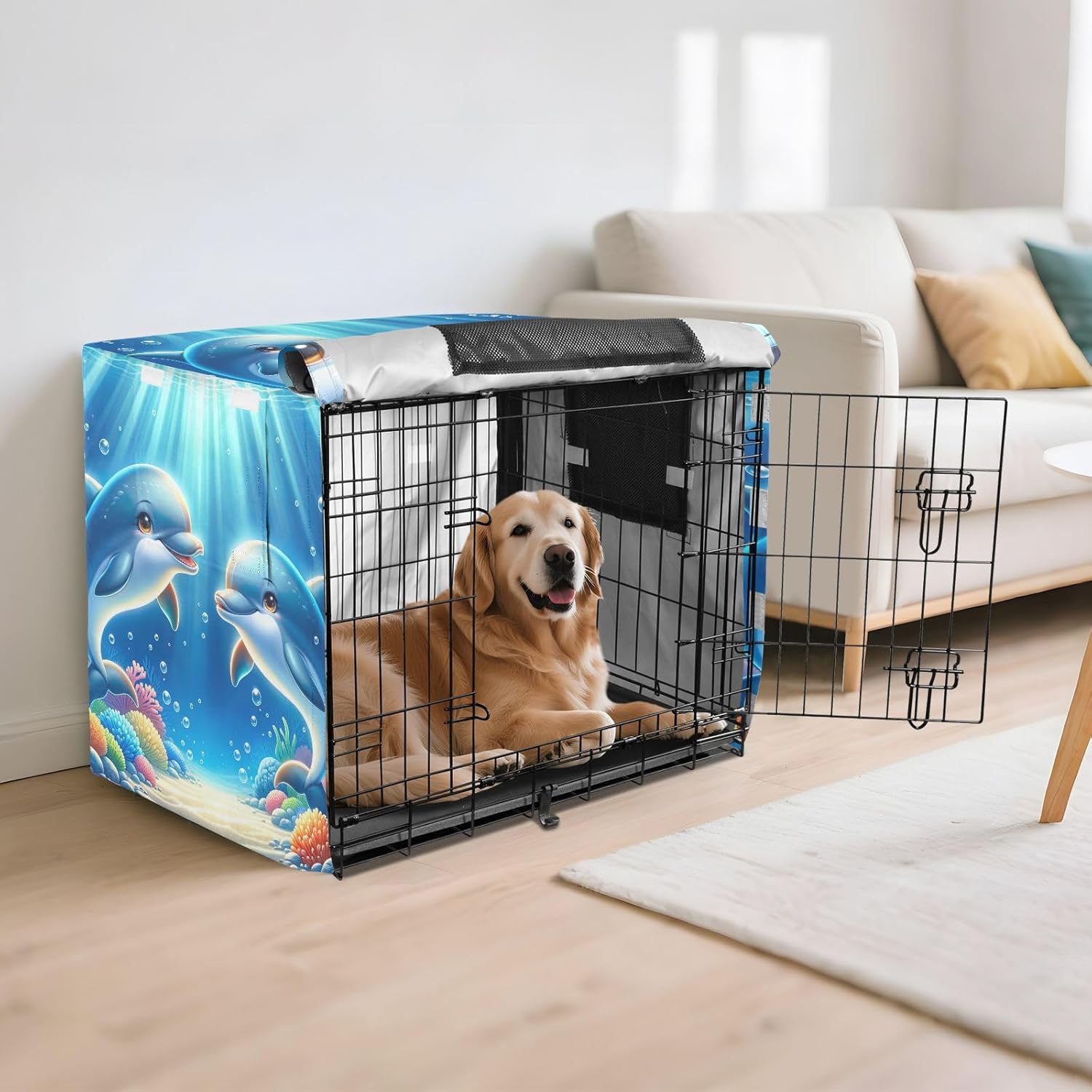Cute Dolphins Sea Animals Dog Crate Covers Wind-Resistant, S-XL Windproof Crate Cover for Pet Owners, Large