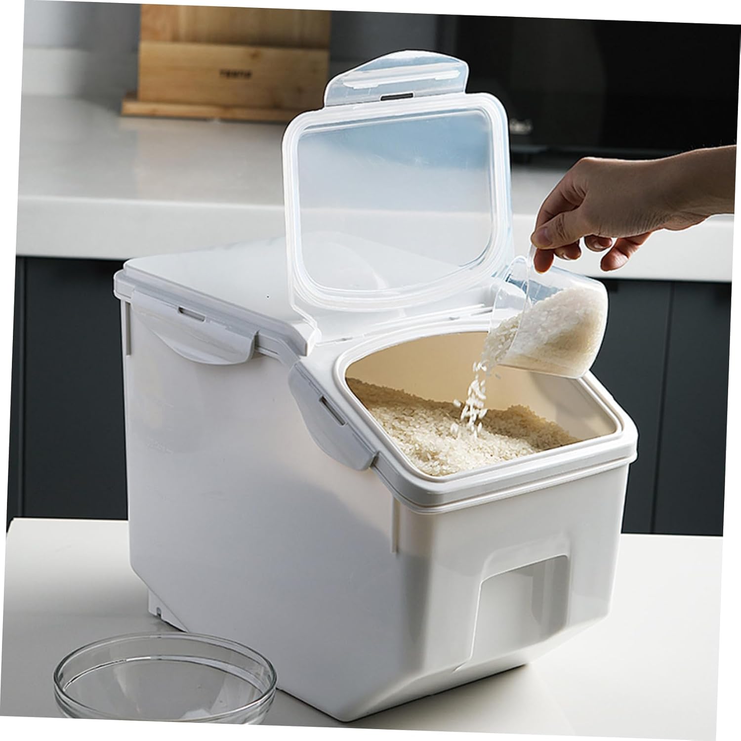 Household Rice Storage Bucket Multi-functional Rice Cylinder Flour Organizer s Grey Airtight Plastic Storage Box Measuring Cup Scale Display Visible Window Easy Access