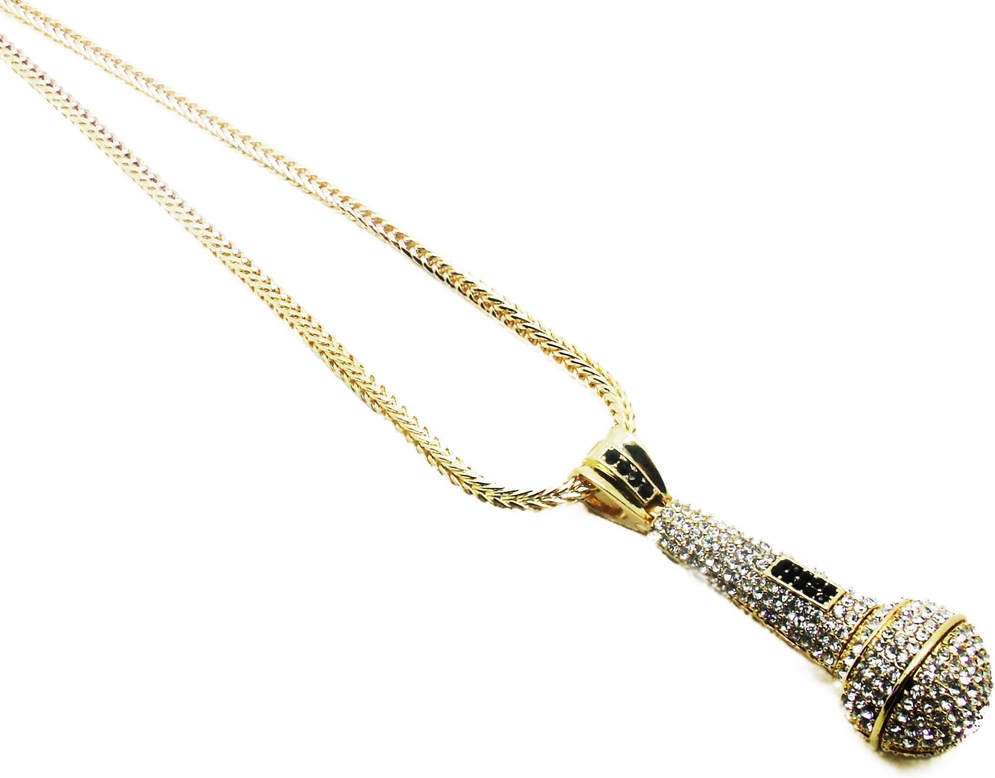 Iced Out Hip Hop Gold Cz Microphone Pendant 36" Franco Chain Necklace.