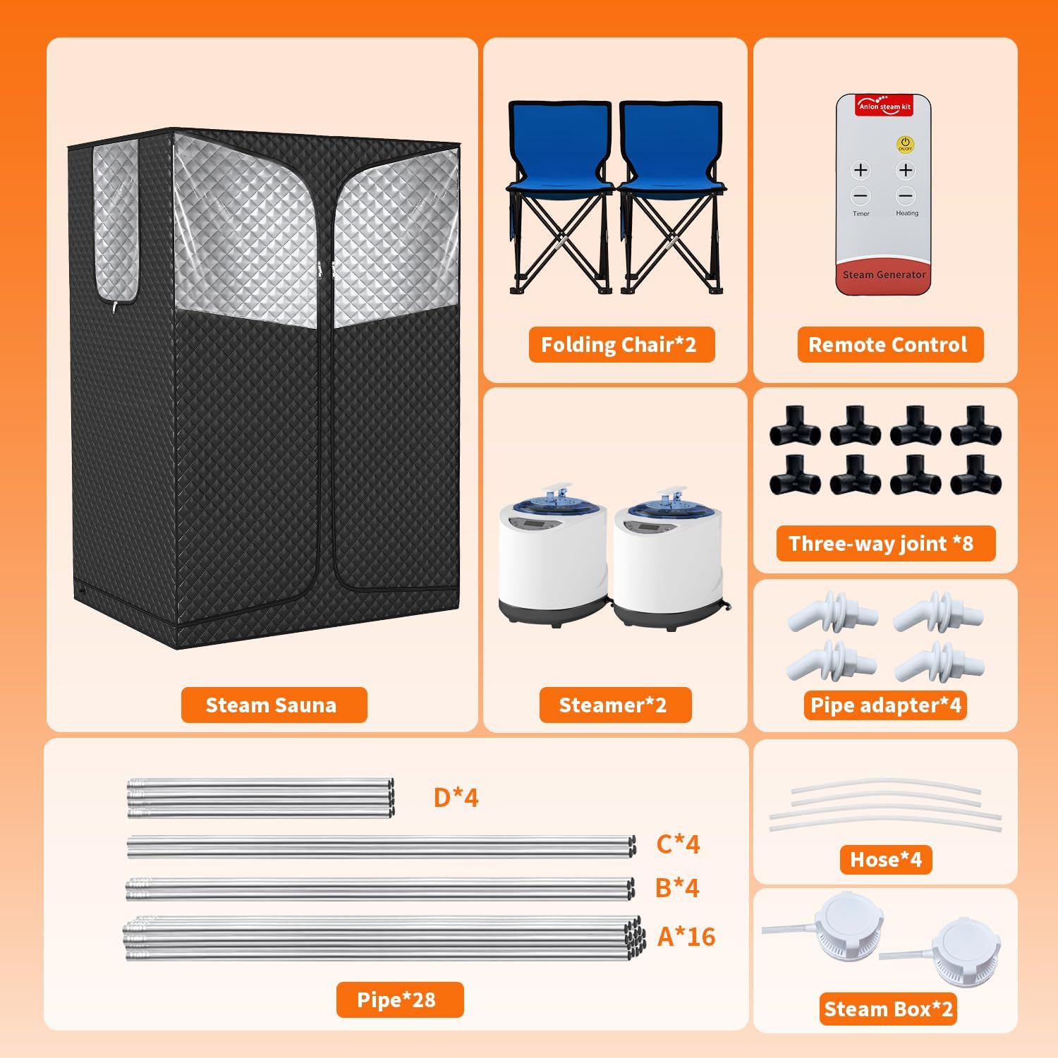 Portable Steam Sauna Box for Home, Sauna Tent with 2 Steam Generators, Remote Control, 9 Temperature Levels, Indoor 2 Person Sauna with 2 Foldable Chair for Home Spa, Black