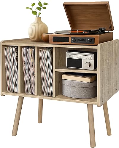 Miniatura 8 de Montex Soporte para tocadiscos con almacenamiento de vinilo, mesa de tocadiscos de madera con 5 gabinetes, soporte grande para tocadiscos, estante