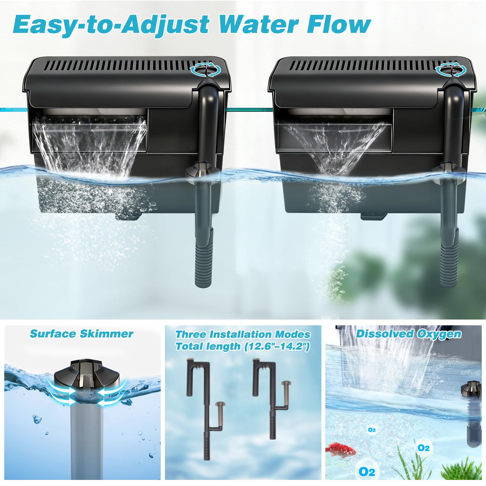 Großer Aquariumfilter zum Aufhängen, 343,5 GPH mit U-V lichtreichem Filtermedium für 122 - 450 Liter Aquarium, Aktivkohle-Biokugeln, Bio-Schwamm-Filtersocken, Desodorierung, hält frisch und Salzwasser