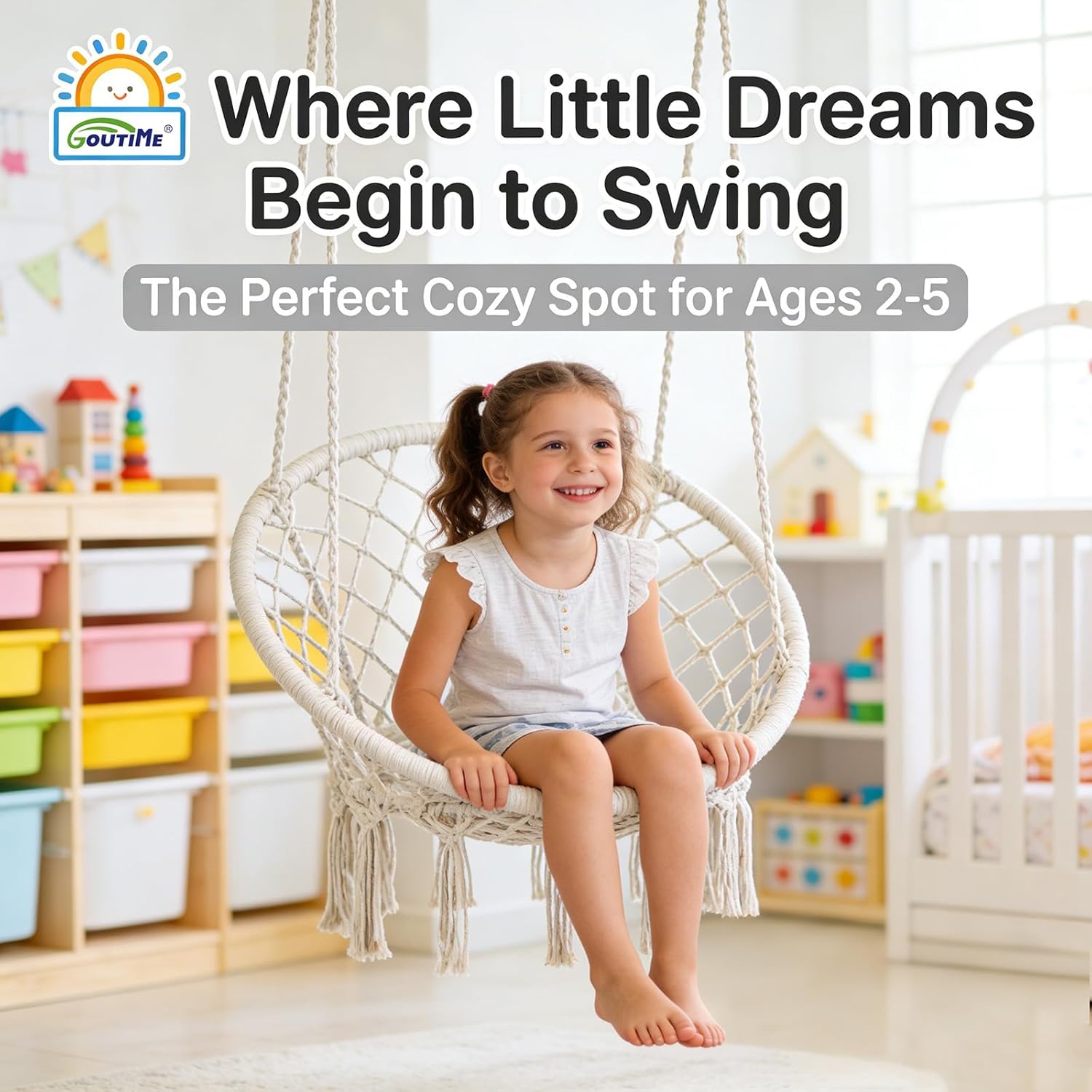 Goutime Hammock Chair for 2-5 Years Old Kids,Macrame Hanging Indoor Swing Chairs with Hardware Kit,Adult Boho Swinging Swings for Outside,Patio,Balcony,Bedroom(Beige)