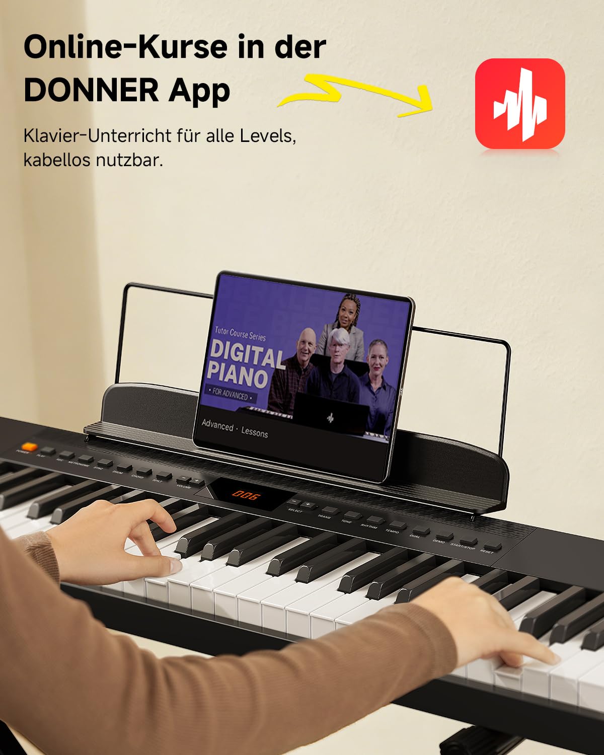 Donner DEP-05 Digitalpiano mit 88 halbgewichteten anschlagdynamischen Tasten für Anfänger, tragbares E-Piano Keyboard Set mit abnehmbarem X-förmigem Ständer und Pedal, Drahtloses und USB-MIDI, Schwarz