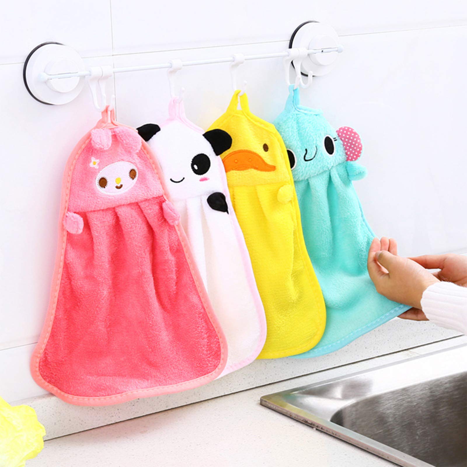 Lot de 6 Serviettes de Toilette Enfant, Essuie-Mains Suspendu Débarbouillette Animaux, Serviettes à Main Mignonnes en Microfibre, Boucle de Suspension, Accessoire Pratique pour la Salle de Bain