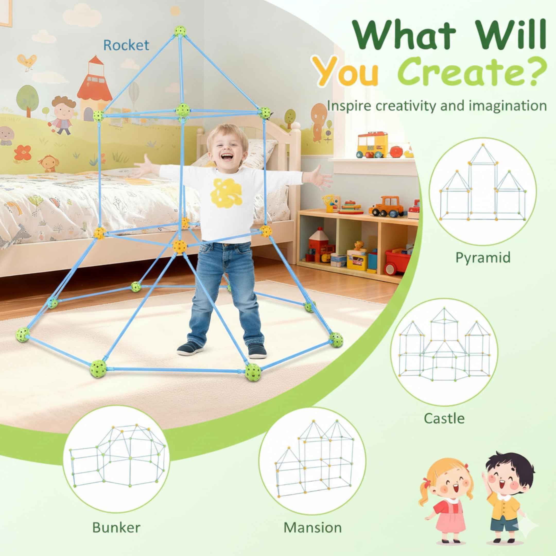 Malau – Cabaña para Construir para Niños – Kit Construcción Infantil Fort Building Toy DIY – Casa, Castillo, Tipi, Túnel e Iglú – Juego de Construcción Creativo Interior Exterior +3 Años (278 Piezas)