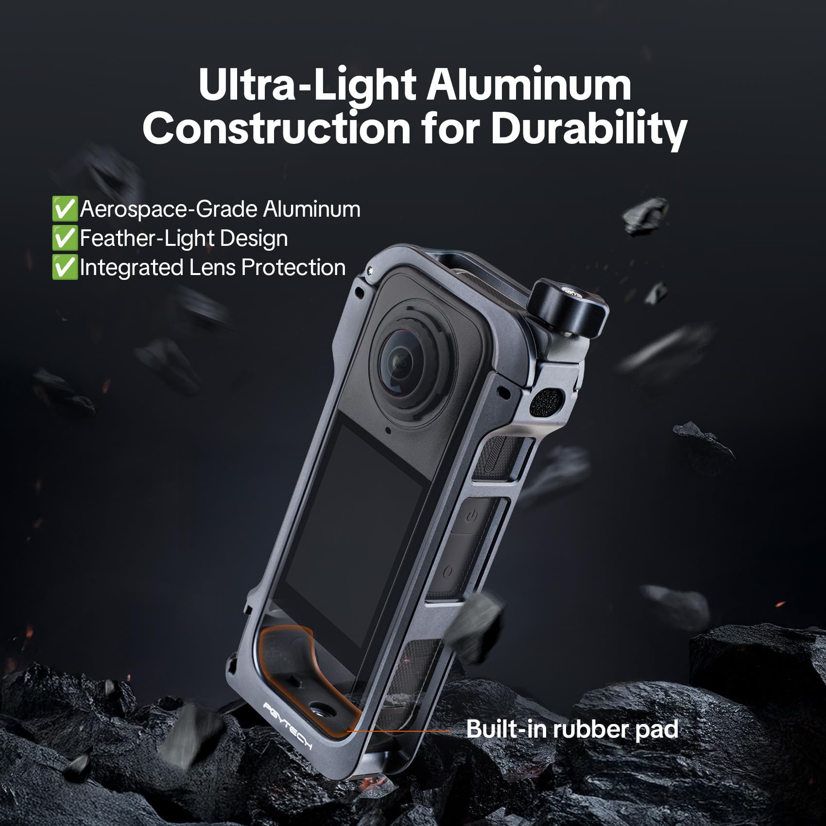 PGYTECH Jaula de Cámara para Insta360 X4 Air Caja Protectora Aleación de Aluminio Perilla Bloqueo Giratorio Marco con Monturas Zapata Fría Roscas 1/4 Pulgada Tapa de Lente Silicone Espuma Antiviento