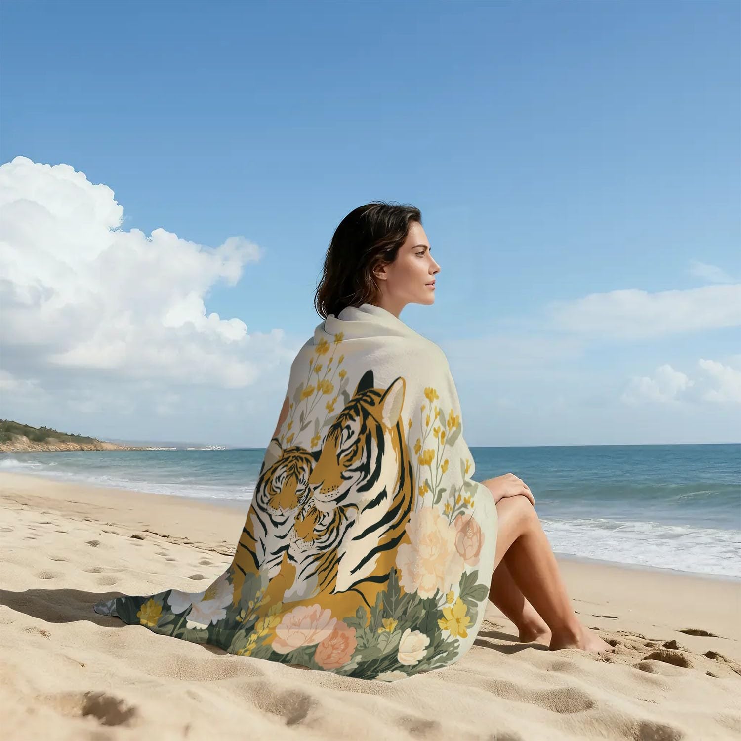 Générique Drap de Plage Anti Sable Sechage Rapide 200 cm x 100 cm Fantaisie Animaux Serviette de Plage Microfibre Bohème Fantaisie Chaleureux Plantes Fleurs Tigre Absorbante Super Couverture de Plage