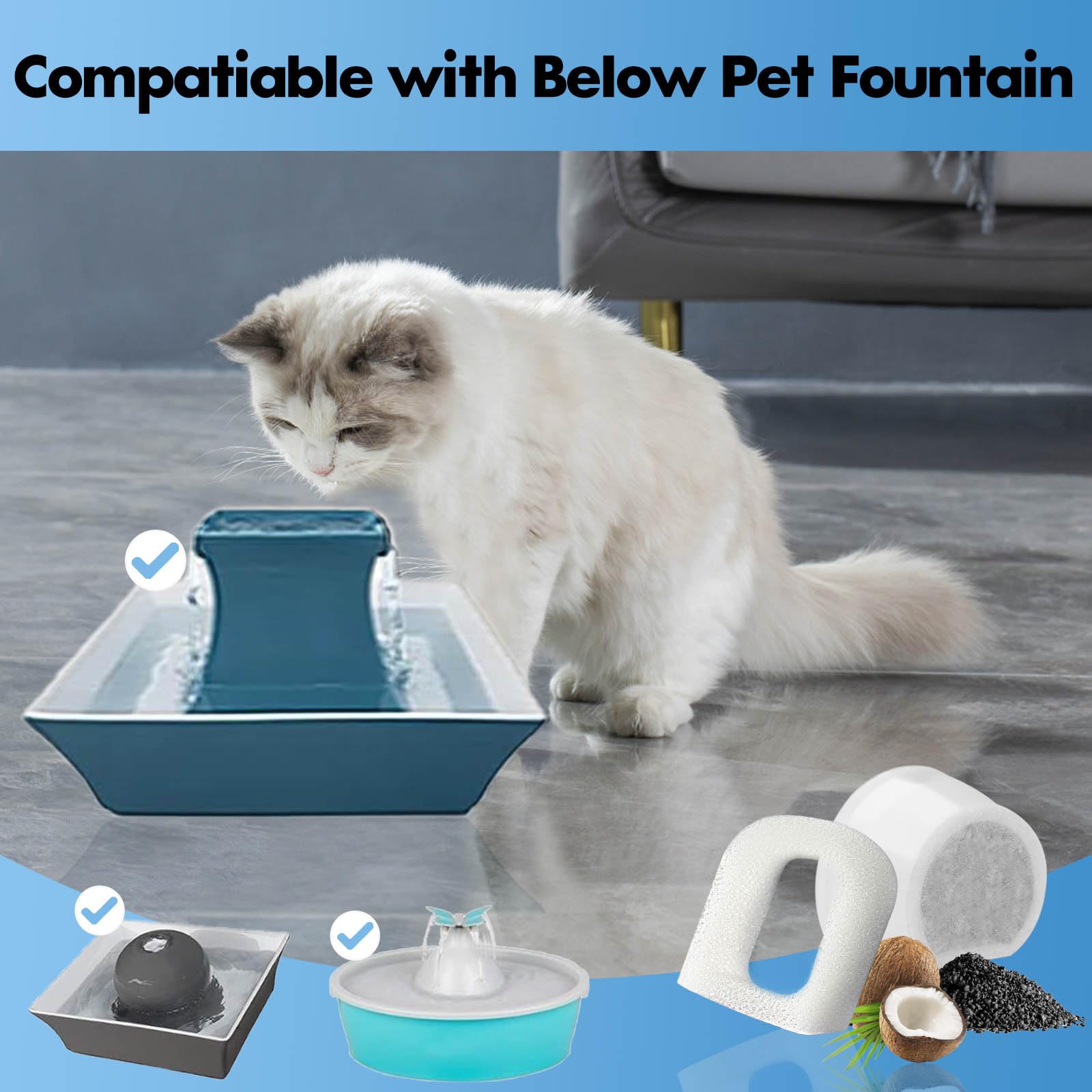 16 Pack Cat Water Fountain Filters Replacement, 8 Carbon Filters and 8 Foam Sponge Pre-Filter Fit for Multiple Ceramic and Stainless Steel Pet Fountains - image 3
