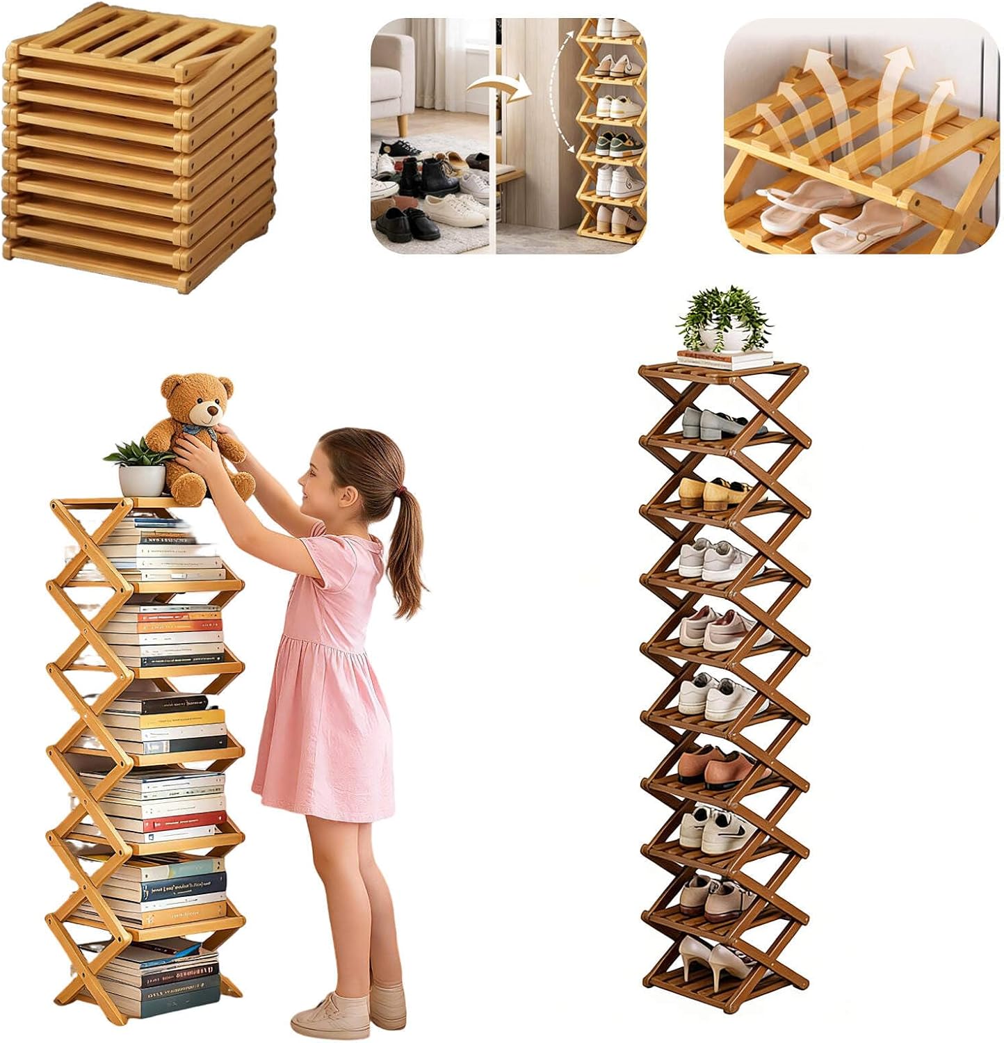 The 9-Tier Foldable Bamboo Shoe Rack,Slim Narrow Corner Shelf & Portable Organizer,Tool-Free Setup for Entryway,Closet,Bedroom,Under-Bed Shoe Storage,Bamboo Furniture Ideal for Small Spaces
