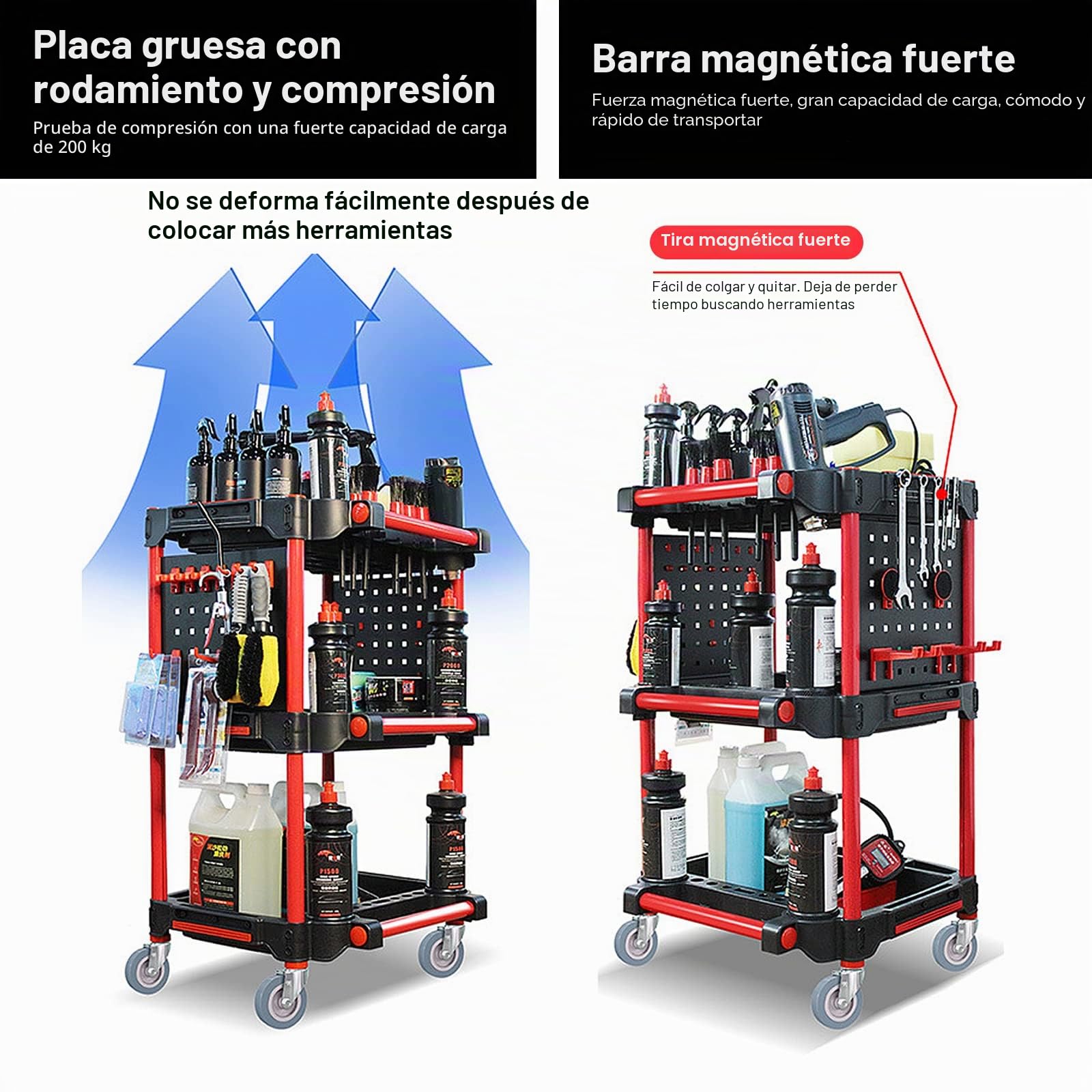 Carrito de detalles de coche con ruedas, carrito de detalles de lavado de autos de 3 niveles con placa lateral para colgar y ganchos, para mecánicos y detalladores durante las reparaciones, carrito de