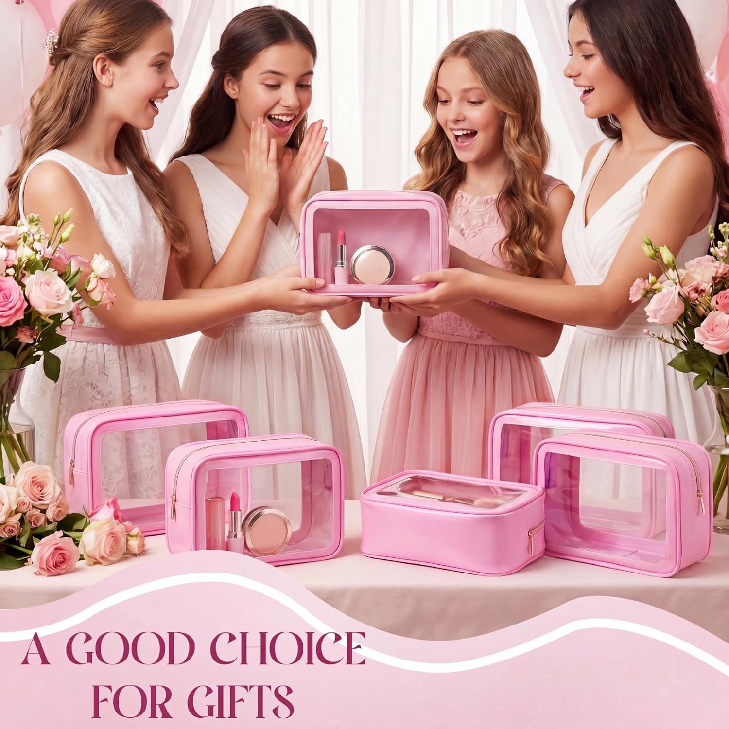 Hsei 6 Pcs Clear Makeup Bags Diaper Bag Organizer Travel Toiletry Bags with Zipper Clear Cosmetic Organizer Car Storage Pouch Bridesmaid Gift for Women Beach Vacation (Pink)