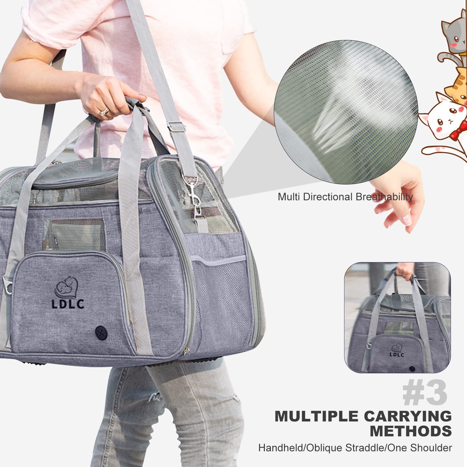 PETCUTE Trasportino per Cani e Gatti, Trasportino Cane per Gatto Portabile e Traspirante, Borsa Gatto Oxford Morbido con Guinzaglio Interno di Sicurezza, Tappetino Rimovibile Fino a 8kg Grigio