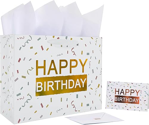 Juego de bolsas de regalo blancas grandes de 13 pulgadas con tarjeta de felicitación y papeles de seda (lámina dorada "Happy Birthday") para fiestas