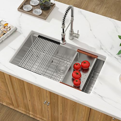 Miniatura 2 de Fregadero de cocina de montaje inferior 33 x 19 pulgadas, estación de trabajo de acero inoxidable calibre 16, fregadero de cocina bajo encimera,