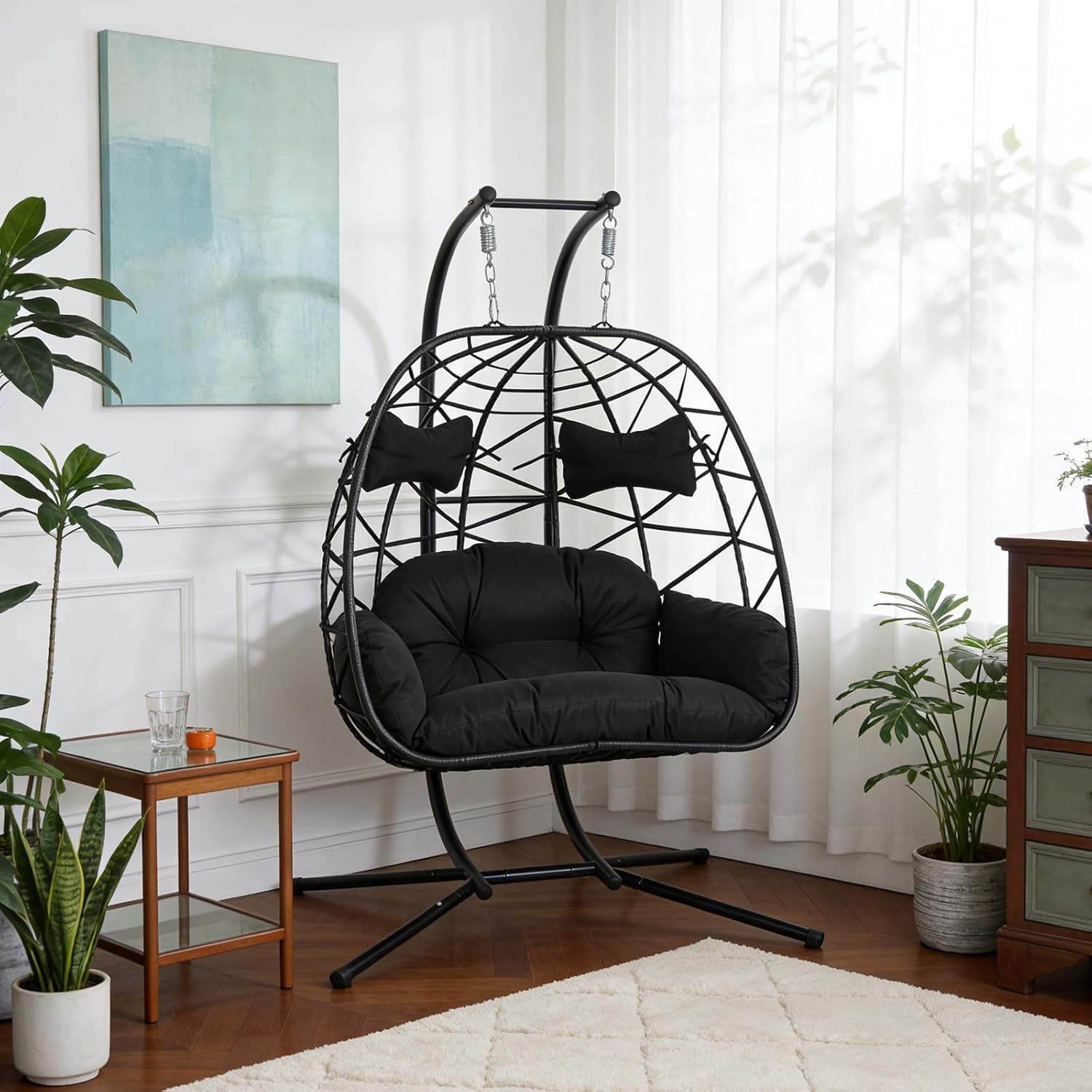Double Egg-Shaped Hammock Chair with Stand Swing Egg Chair, Wicker Hanging Chair with Washable Cushion Sturdy Metal Stand, 600lbs Capacity for Indoor Outdoor Patio Living Room Etc(Black+Black)