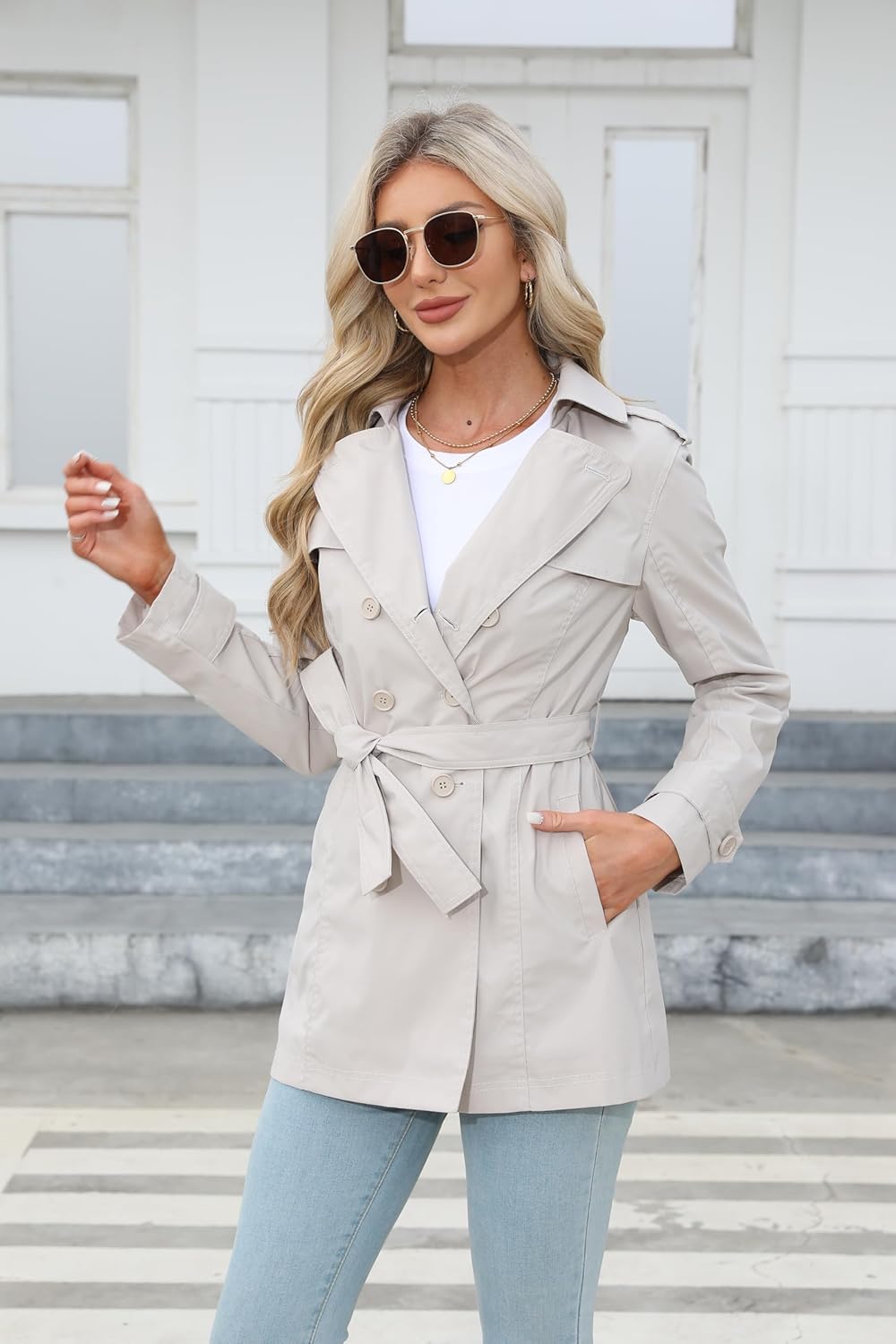 Bellivera Women's Double-Breasted Classic Lapel Slim Windproof Trench Coat with Belt (Crop Length) - Image 3