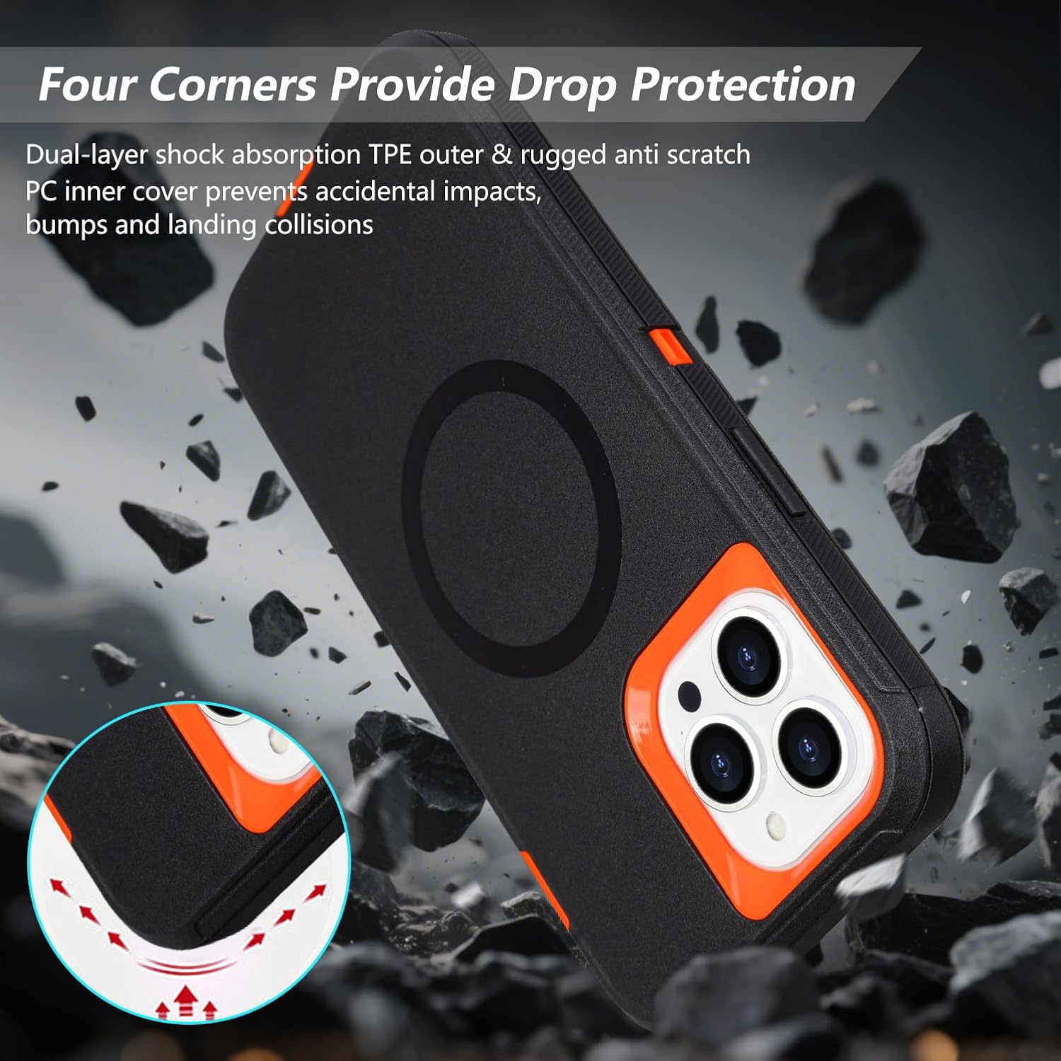 for iPhone 13 Pro Max Case with Belt Clip Holster, [Compatible with MagSafe] Heavy Duty Military Grade Drop Protection, 3-Layer Rugged Shockproof for iPhone 13 Max Case, 6.7" (Black+Orange) - Image 3