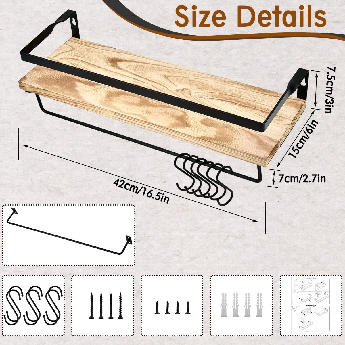 TIMESETL 2 pack Floating Shelves with 6 Hooks, Wood Wall Shelves, Wall Mounted Shelf, Wooden Shelves for Bedroom Bathroom - Image 3