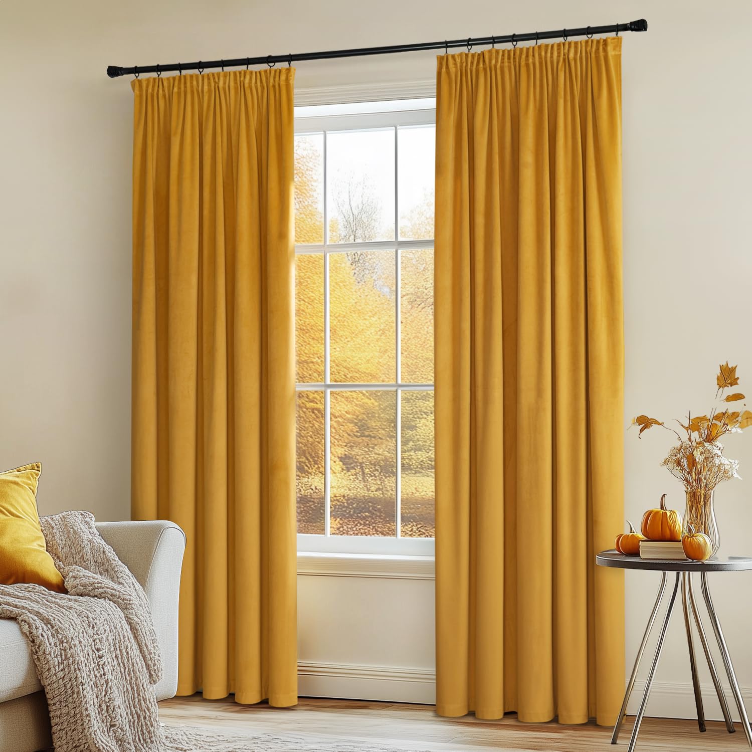 MIULEE Tende in velluto con fettuccia arricciata, 140 x 245 cm, confezione da 2, belle lussuose semi-oscuranti, tende gialle, senape, moderne tendine soggiorno camera da letto, finestra, spesse tende