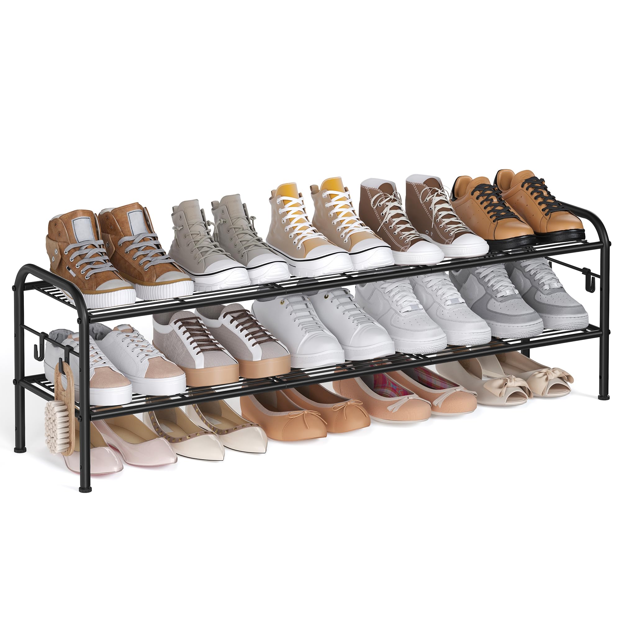 SONGMICS Shoe Rack, 2-Tier Shoe Organizer, Metal Shoe Shelf Storage with 4 Side Hooks, Holds 12 Pairs of Shoes, Height-Adjustable Shoe Rack for Entryway, Hallway, Closet, Easy Assembly, Ink Black