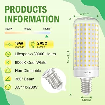E14 LED Corn Light Bulbs Cool White 6000K, 180W Incandescent Bulbs Equivalent, 2950LM Corn LED Bulb for Ceiling Lamp, Wall Lamp, Desk Lamp, Pack of 2 [Energy Class C]