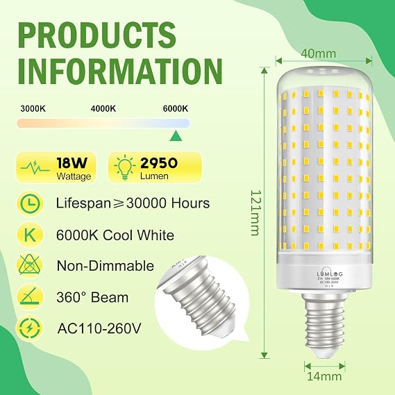 E14 LED Corn Light Bulbs Cool White 6000K, 180W Incandescent Bulbs Equivalent, 2950LM Corn LED Bulb for Ceiling Lamp, Wall Lamp, Desk Lamp, Pack of 2 [Energy Class C]