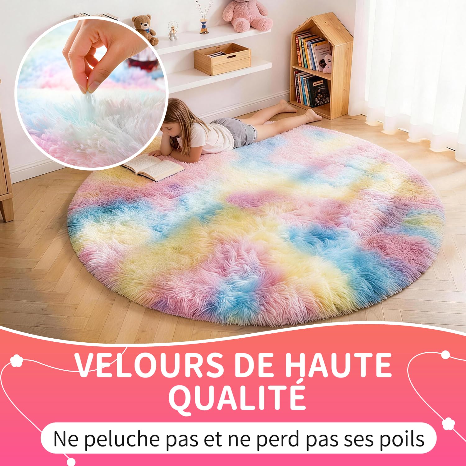 Tapis Rond 120 CM Arc-en-Ciel Tapis Chambre Fille Lavable Antidérapant Ultra-Doux Moelleux Grand