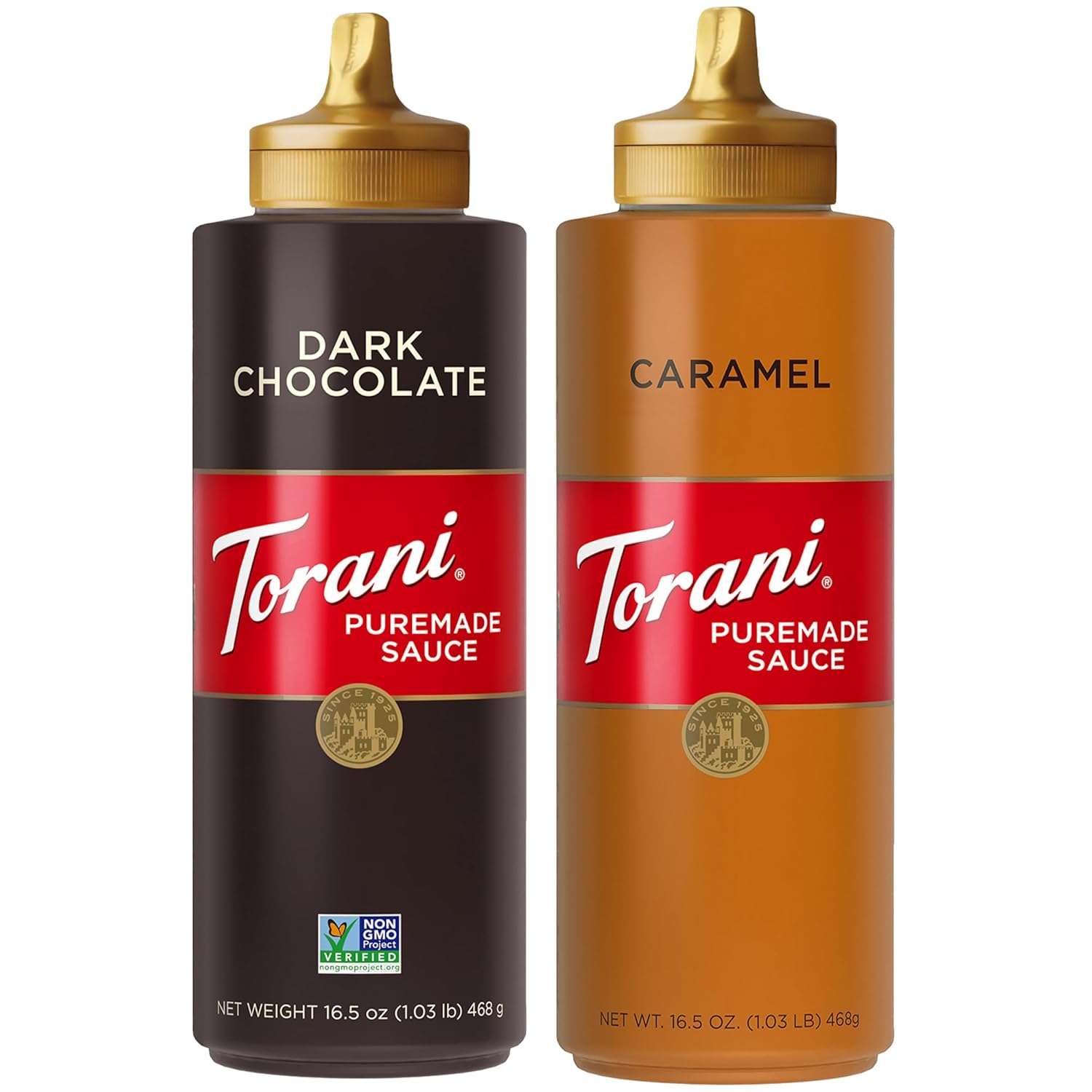 Torani Puremade Caramel & Dark Chocolate Sauce 2-Pack, 16.5oz Ea - Pure Cane Sugar, Natural Flavors for Coffee & Desserts