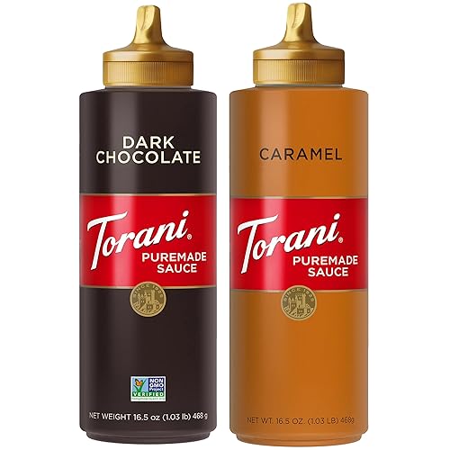 Torani Puremade Salsa de caramelo y chocolate amargo variado, paquete de 2 para postres y bebidas de café, 16.5 onzas Ea